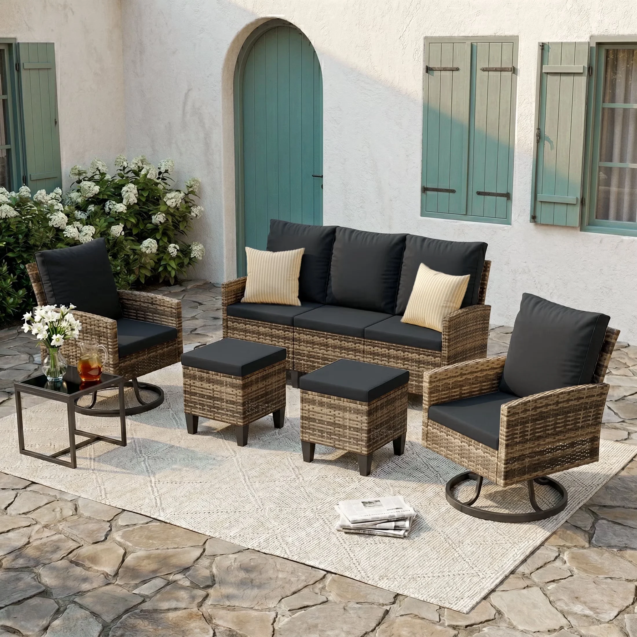 Patio Conversation Set Classic with All-Weather Wicker Rattan Furniture Sofa, 6 Pieces Outdoor, Ottoman and Swivel Chairs - Yellow Model BC7EF8
