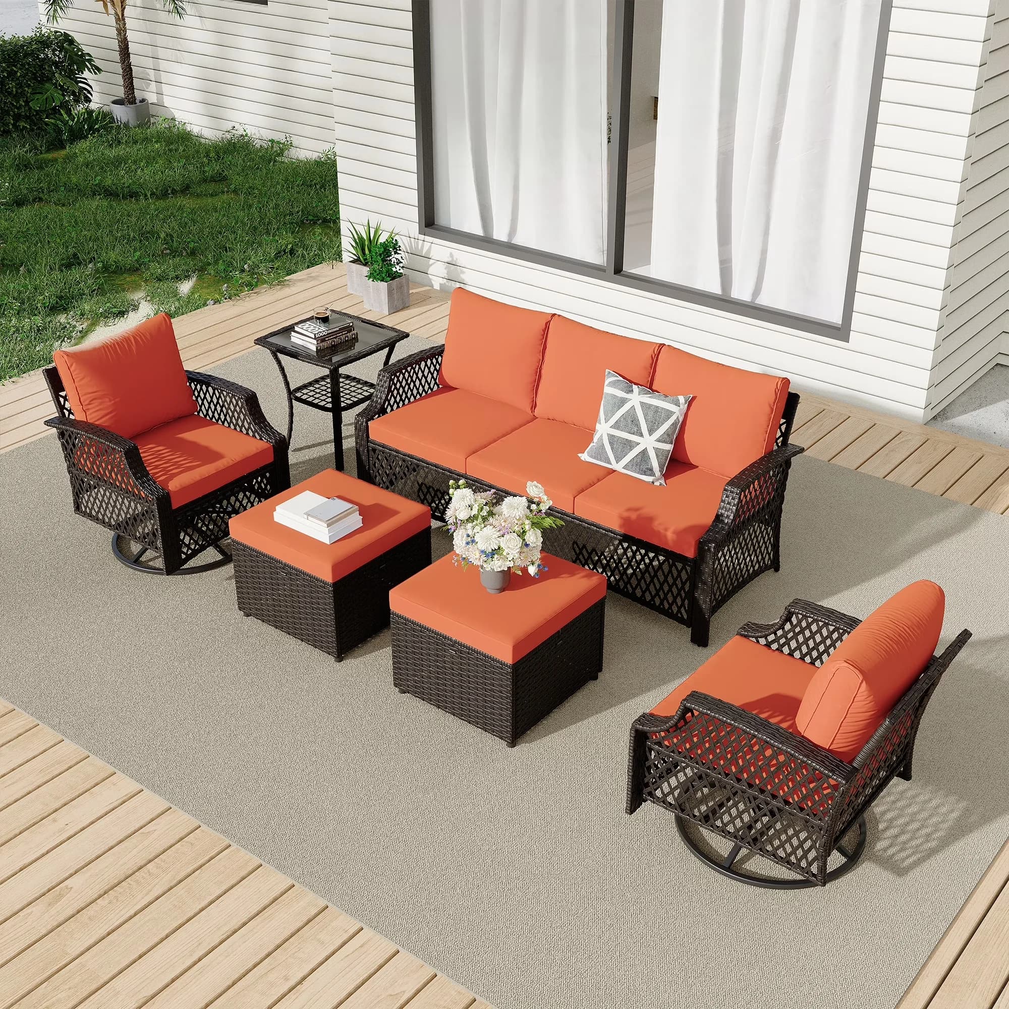 Outdoor Sofas Sectional Professional with Rust Resistant, Modern, Cushions - Orange Wicker, Metal for Garden Model A084AA