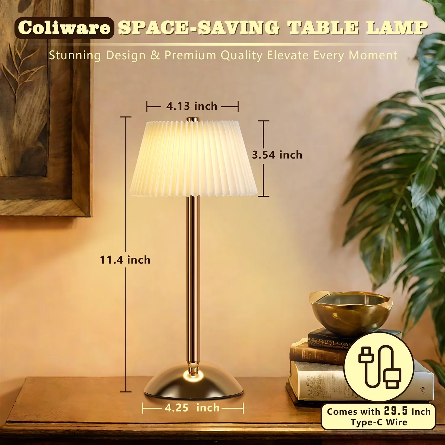 Lamp Premium with LED, Battery, Touch Sensor - Gold Fabirc, Metal for Living Room, Bedroom Model 976EEE