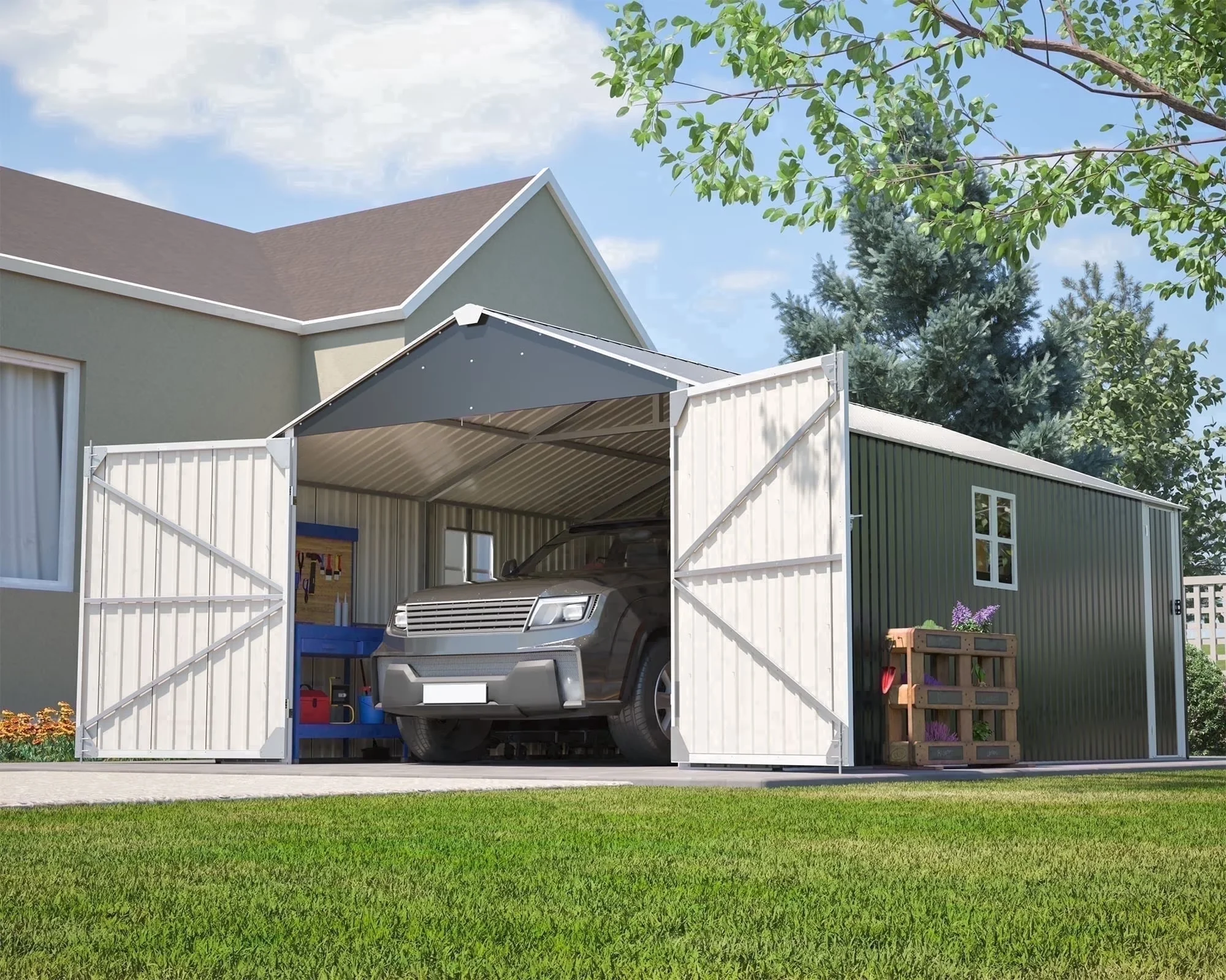 Durable Shed with Rust Resistant, Mold Resistant, Windowsfor Car - Metal Black Model 4F181E
