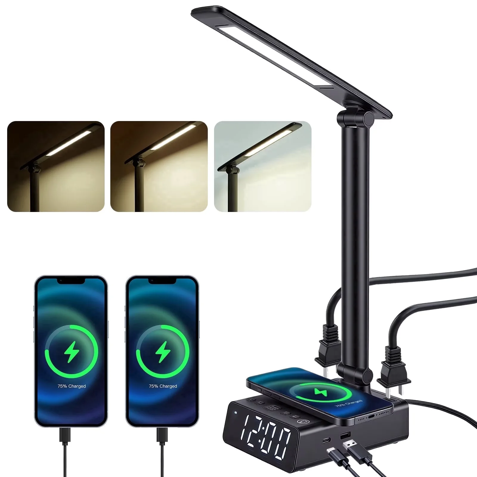 Stylish Desk Lamp with LED, Wireless Charging - Black for General Purpose Model 23C1AD