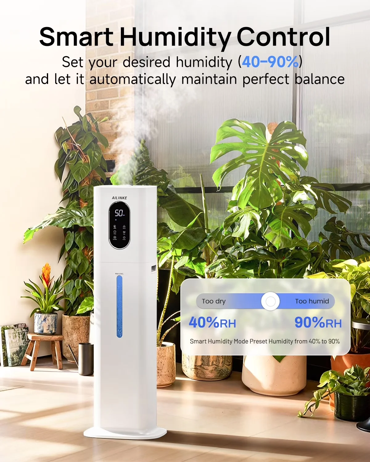 Compact Humidifier with Automatic Shut-Off, Automatic Moisture Control, Adjustable Humidistat - White for Home Model 55EAE4