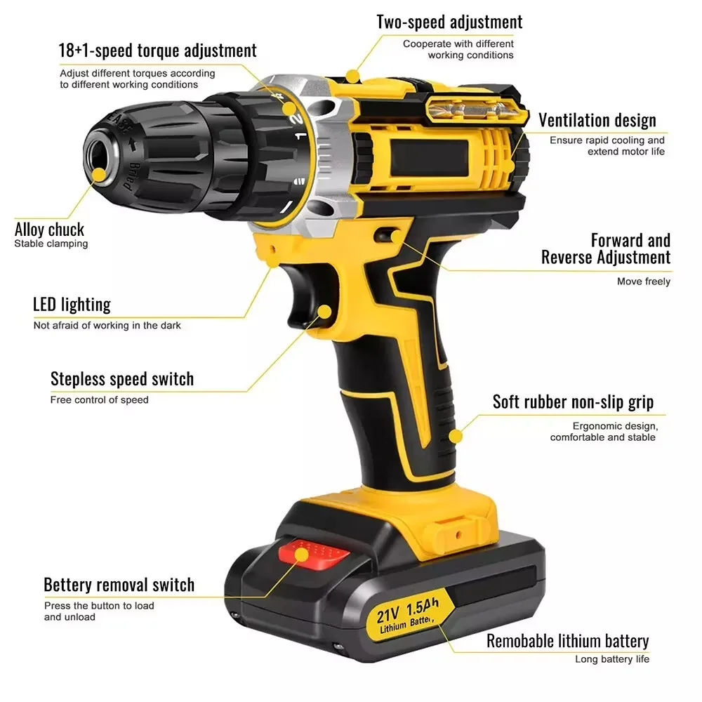 Essential Drills Driver with Battery, 21V, 2 Battery - Yellow for Home, Garden Model 05DFC7