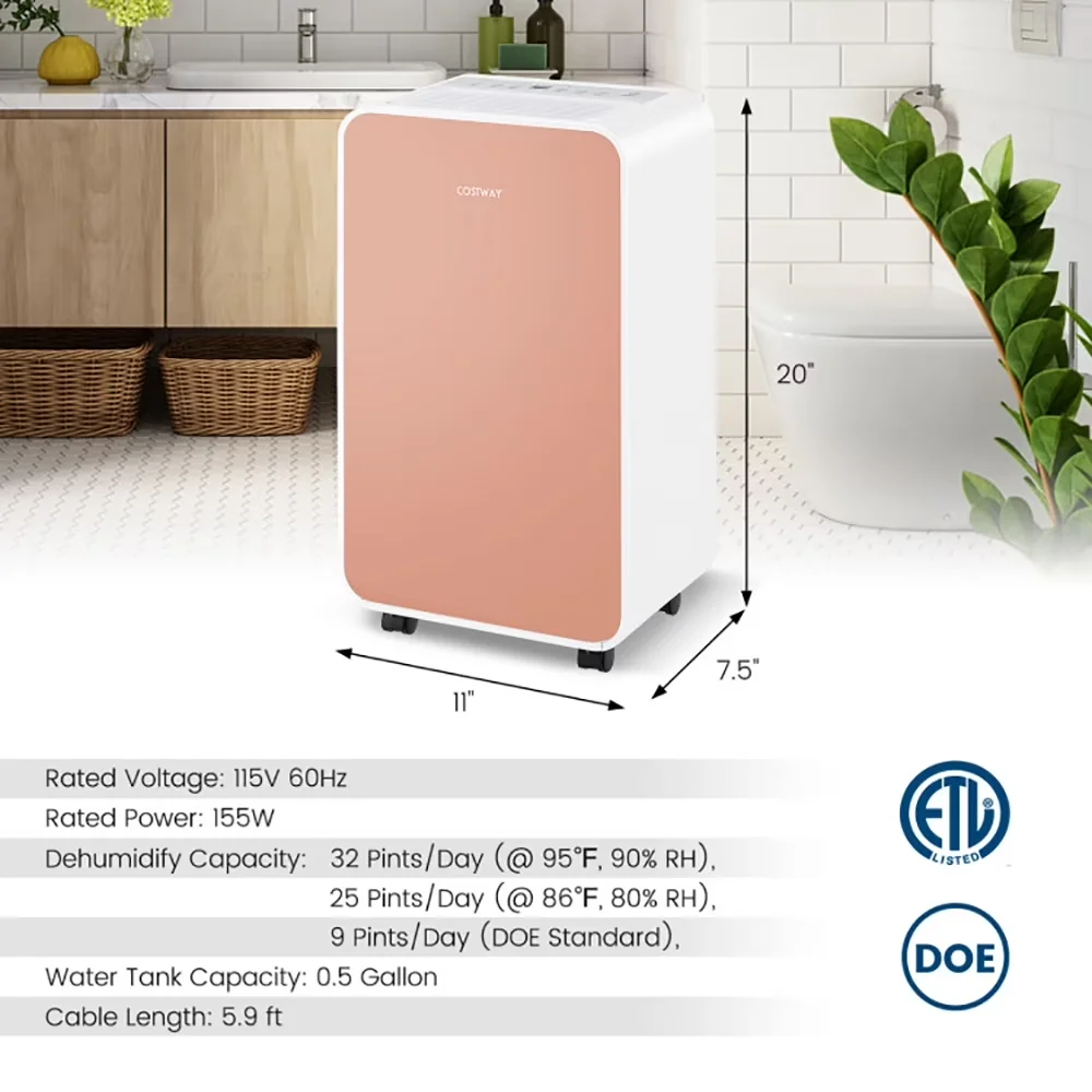 Premium Dehumidifier with Automatic Shut-Off, 32 Pints/Day Portable Quiet - Pink Model C9414F
