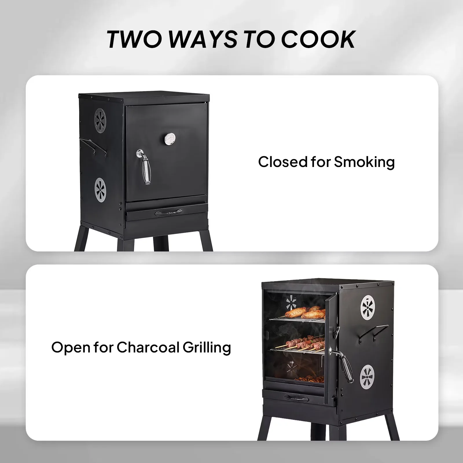 Charcoal Grill Stylish with Portable, Thermometer, BBQ Outdoor Barbecue Pit Smoker - Black Steel Model 39443D