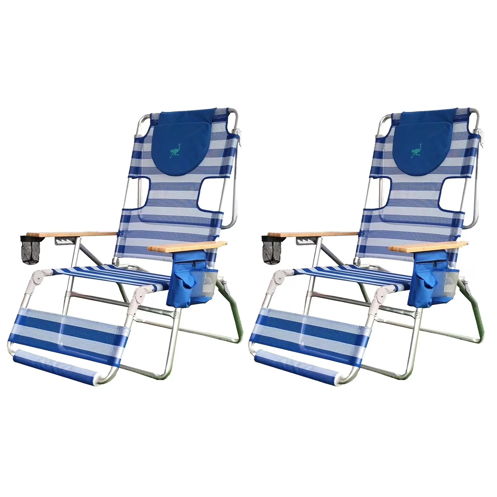 Sleek Beach Chair with Adjustable, Extra-wide wooden arm-rests, 5 adjustable chair positions - Blue Model 7B27C0