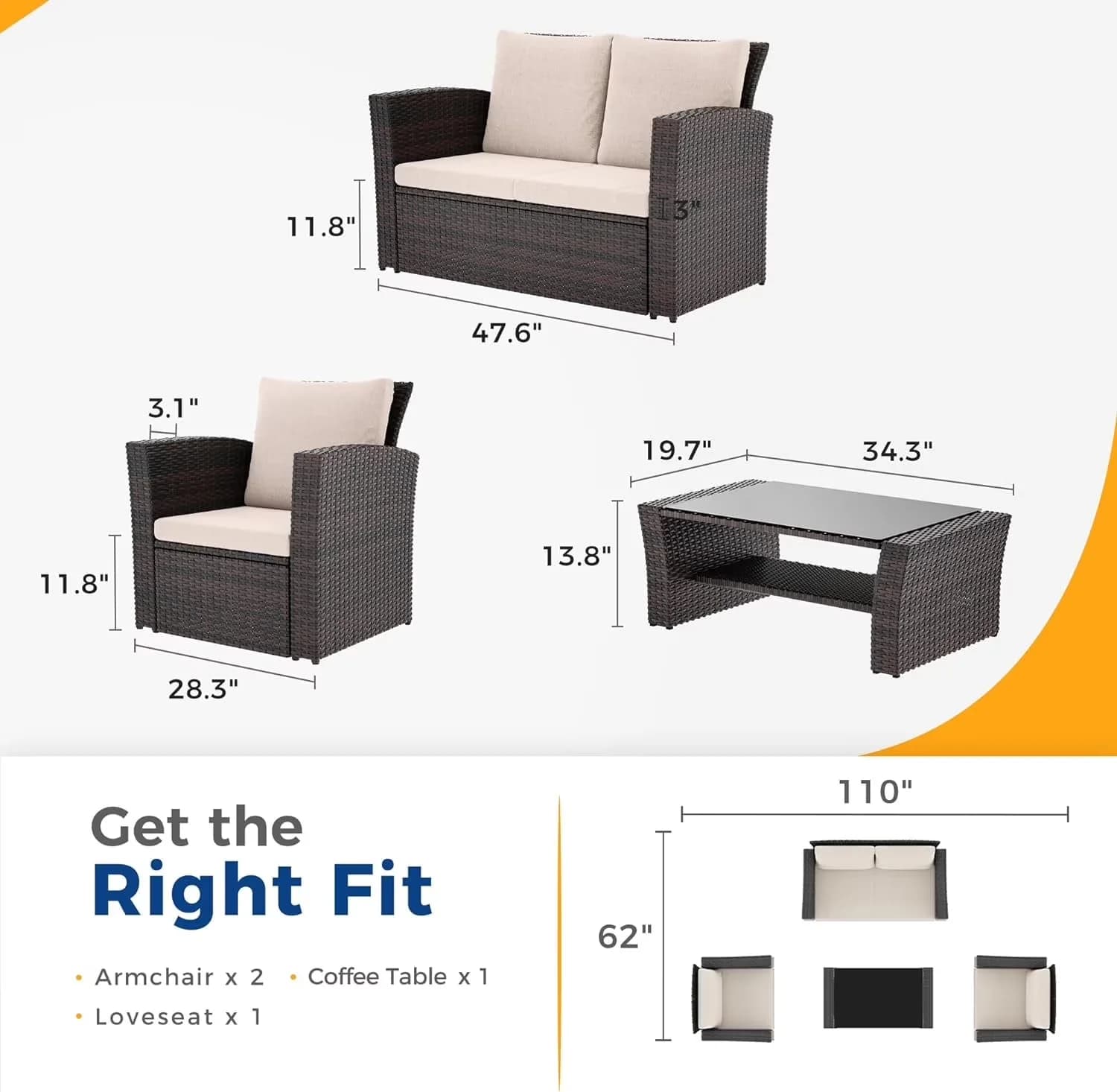 Essential Outdoor Sofas Sectional with Weatherproof, Wicker Conversation Set - Wicker, Rattan Brown Model F01B87