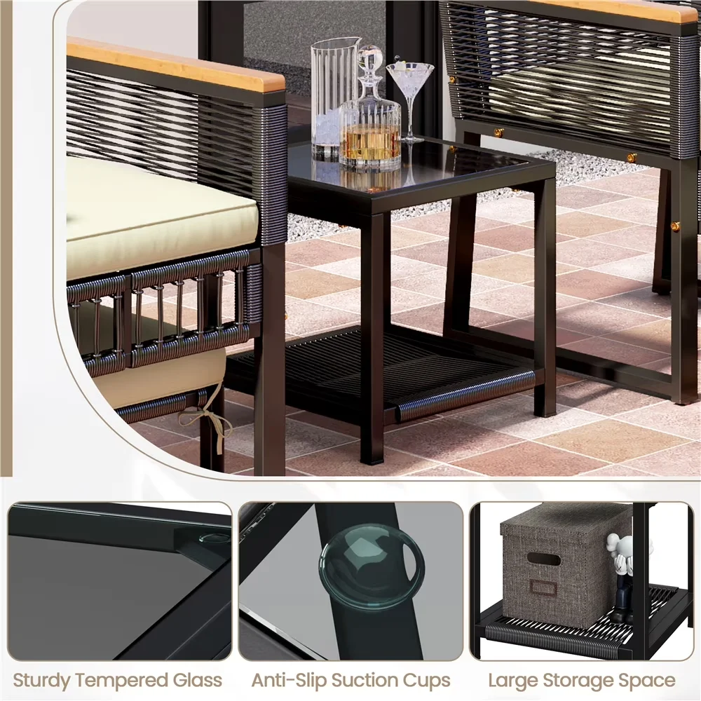 Quality Patio Conversation Set with Weatherproof, 5-Piece Outdoor Furniture, Ottoman (ea.): 19"W × 16.5"D × 9.5'H - Black/Beige Pe... Model A8DC2A