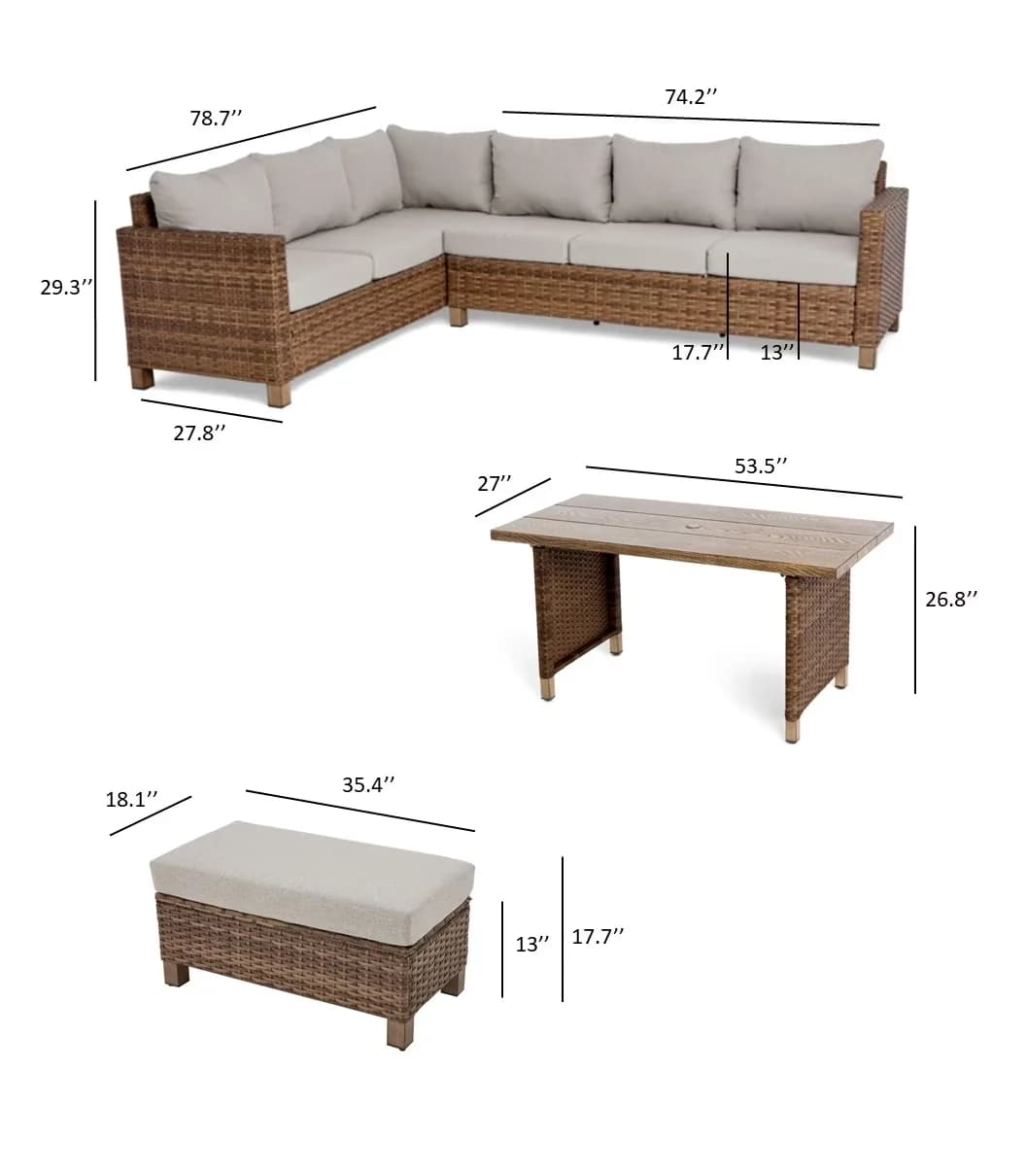 Patio Dining Set Durable with Storage, Weatherproof, Beige Cushions - Scotchgard Treated Solution Dyed Polyester Model CBE08E