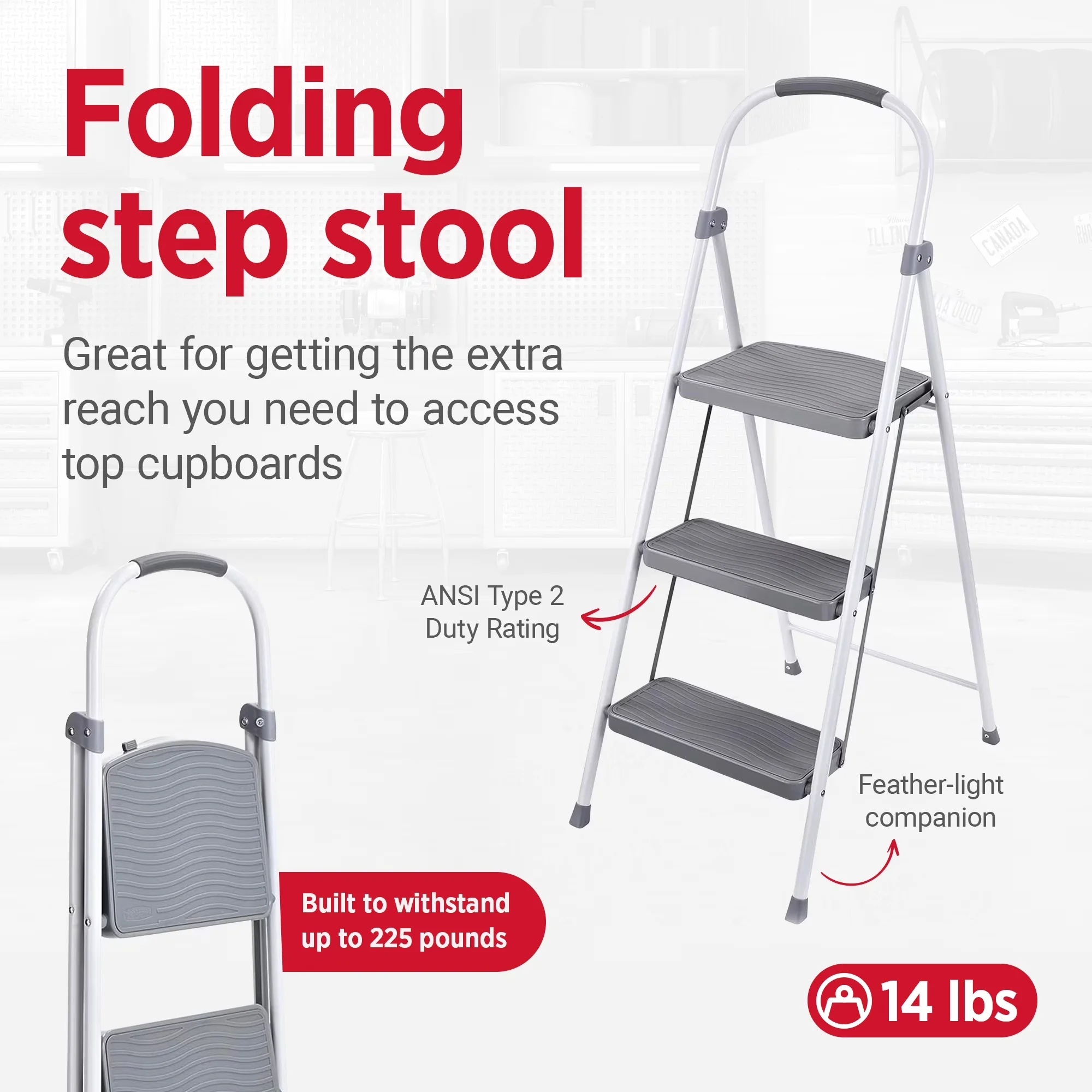 Sleek Ladders And Step Stool with Foldable, 3 Folding Ladder, Steel Foldable - Gray Steel Model FB79B3