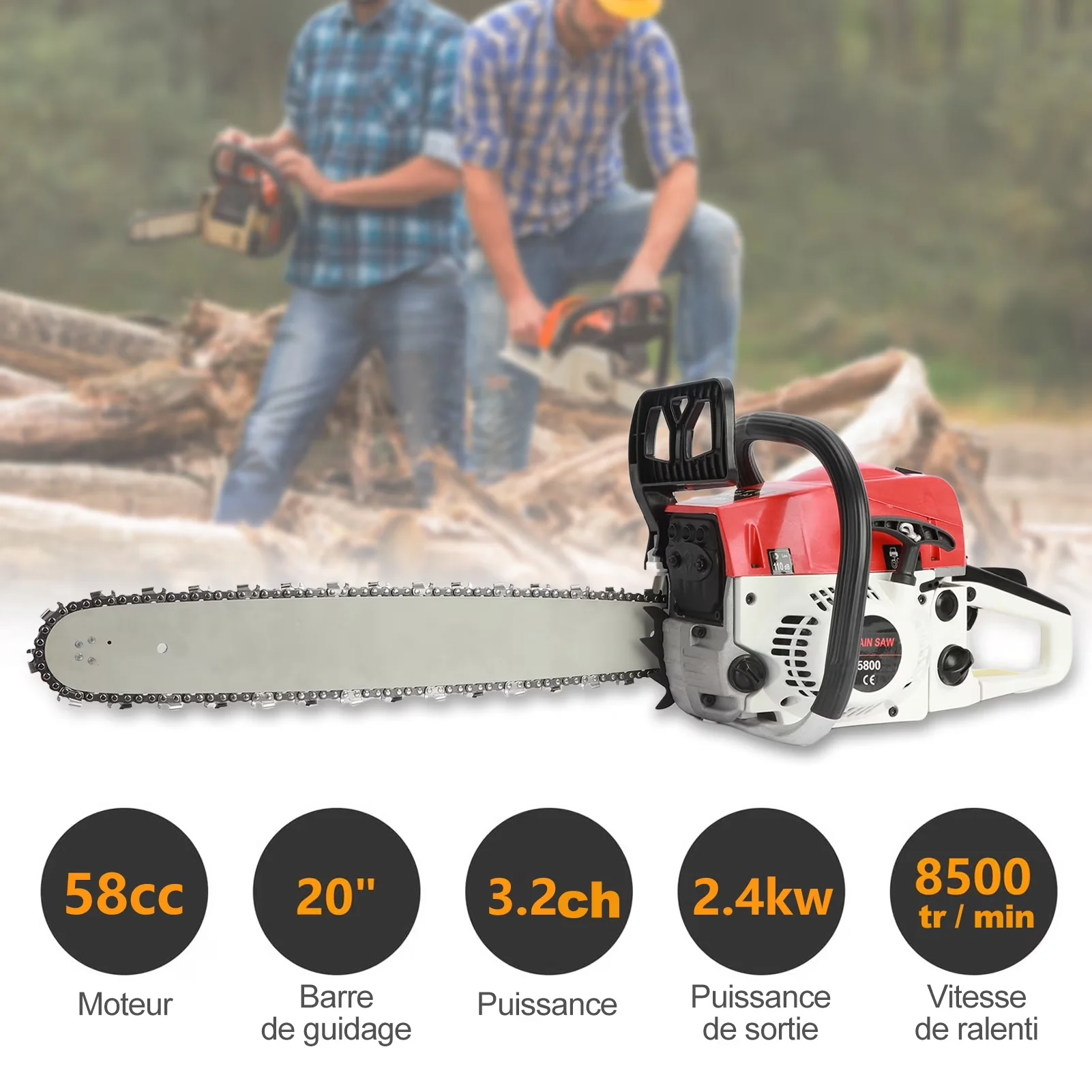 Chainsaw Efficient with Automatic Chain Oiler, Gas 20'' 2-Stroke 58CC Cordless Handheld - Red Model 7FBC48
