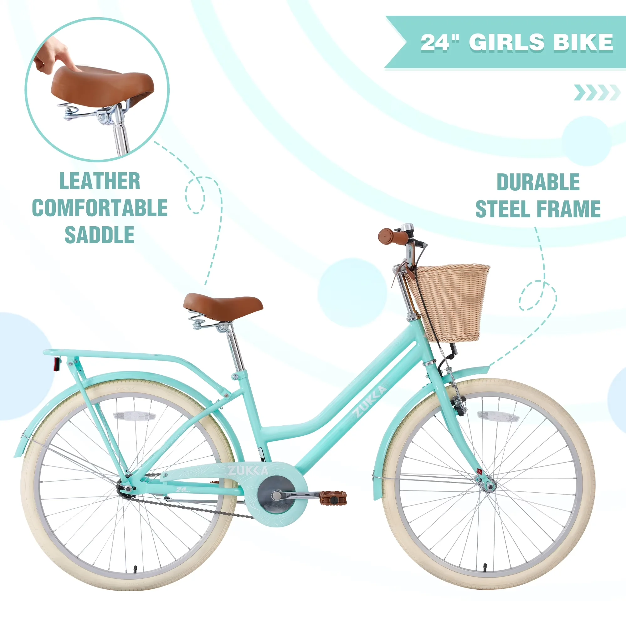 Modern Cruiser Bike with Adjustable Height, Adjustable Seat - Mint Green-24 Inch Model BC5629