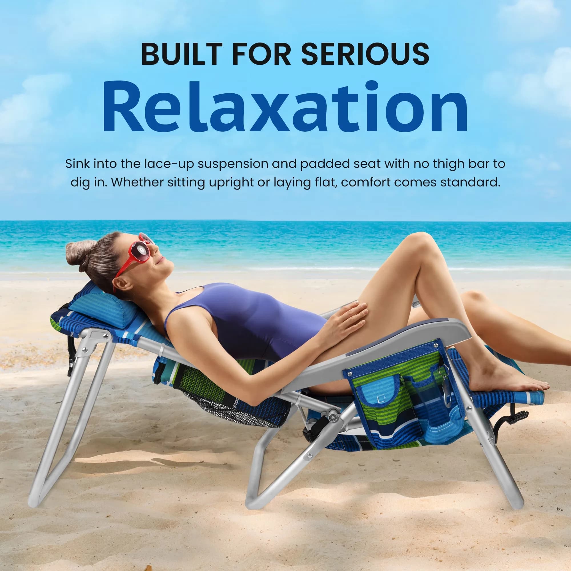Efficient Beach Chair with Folding, Adjustable, Cooler+ Folding Backpack - Aluminum Blue Model A2D1AA