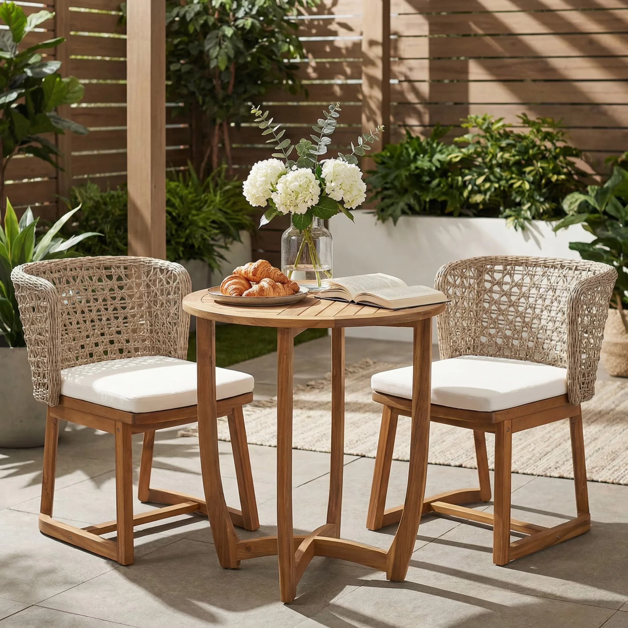 Efficient Patio Dining Set with Weather-Resistant, Water-Resistant - Acacia Wood + Wicker + Water Resistant Cushion Brown Model 19939F