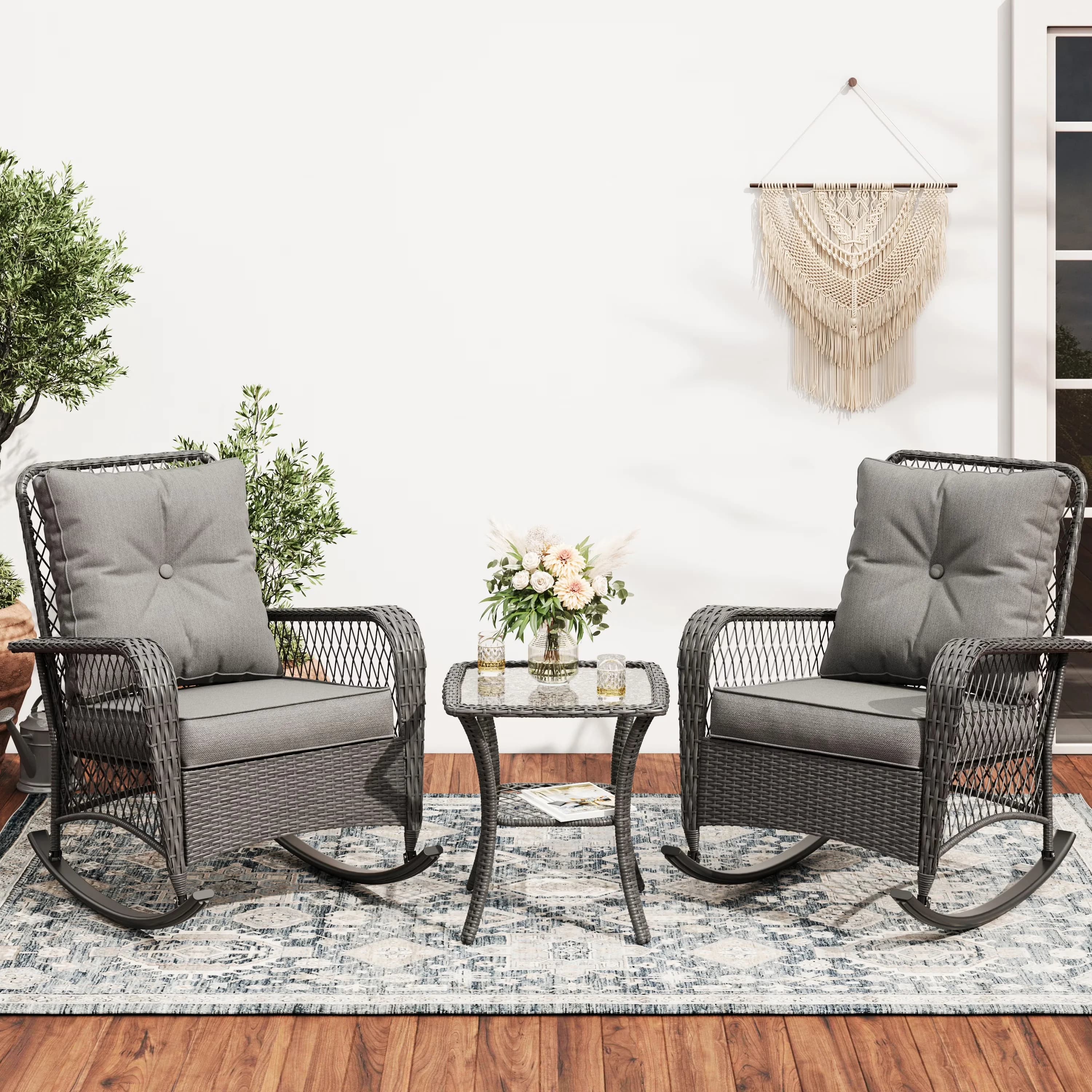 Patio Dining Set Sleek with Wicker Furniture, Outdoor Rocking Chairs of 3 - Model D923F3