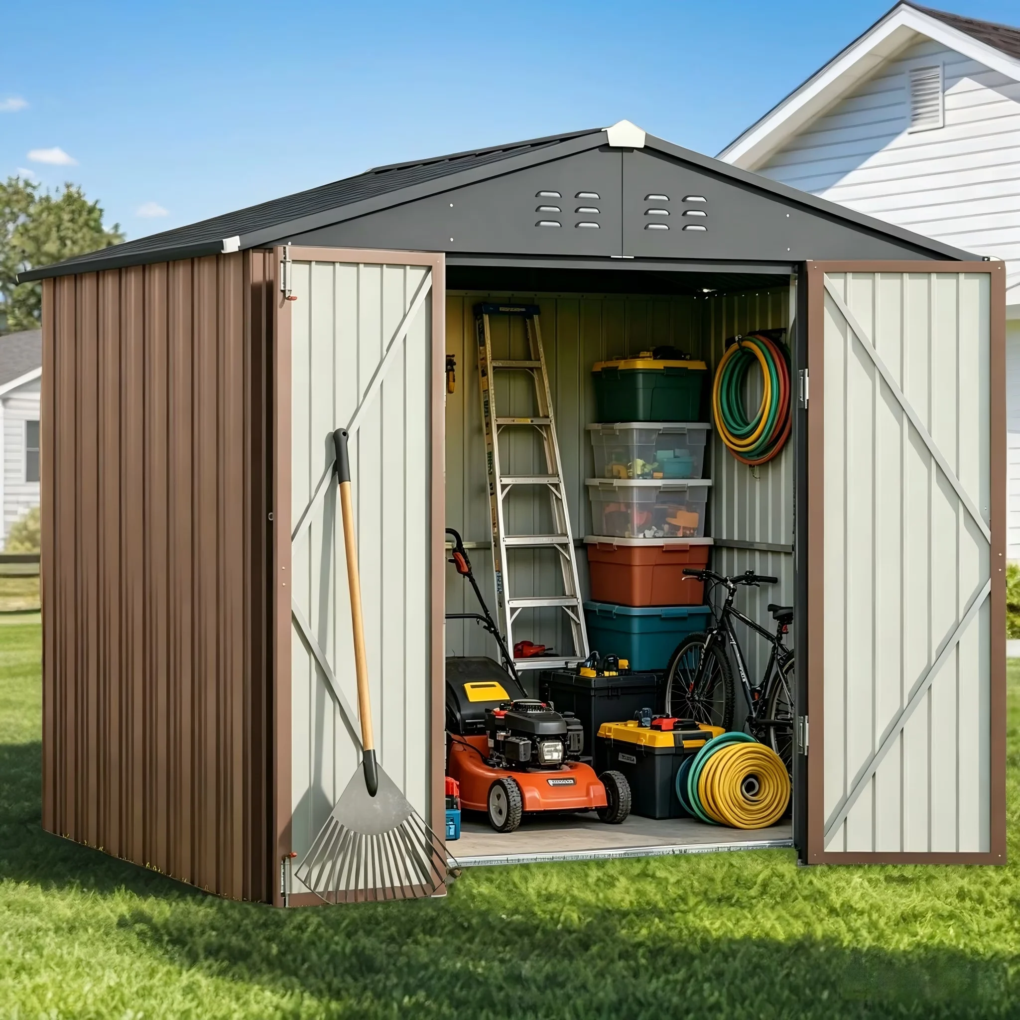 Shed Reliable with Lockable Door, All-Weather Resistant Metal - Steel Brown Model D66840