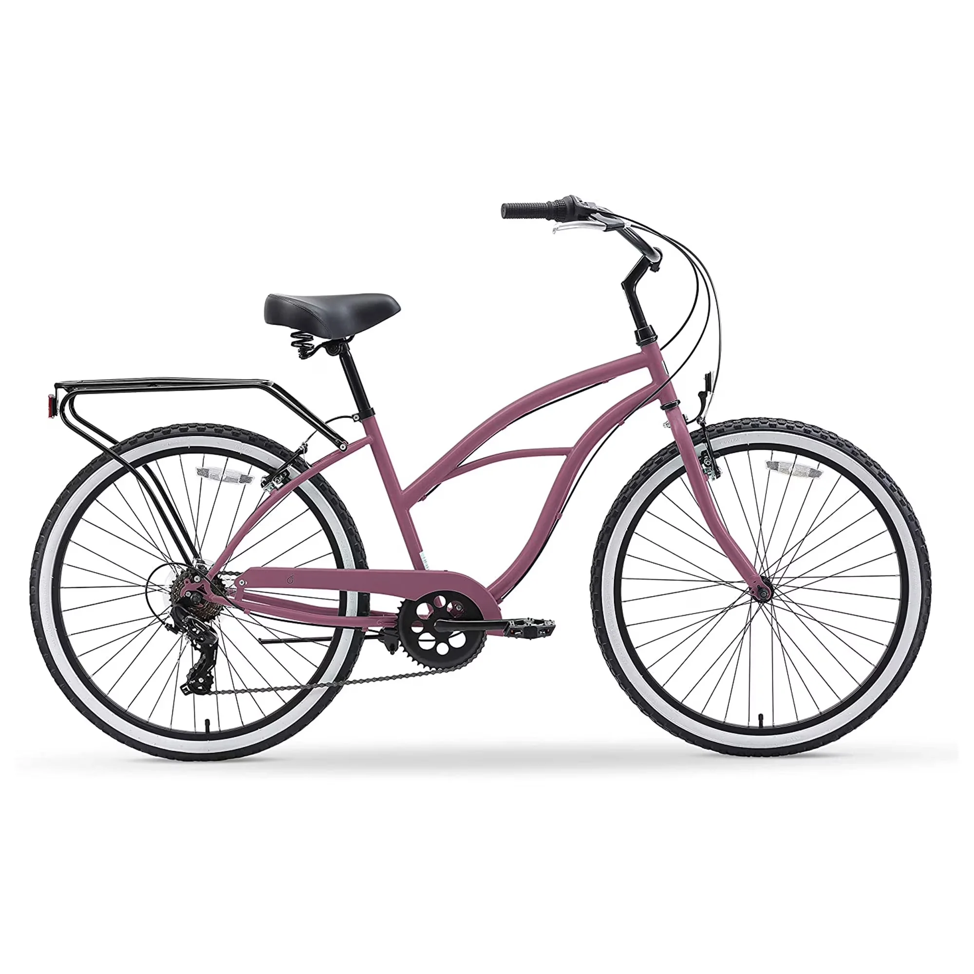 Premium Cruiser Bike with Black Seat and Grips, 26 In. Wheels, Around the Block Women's 7-Speed Bicycle - Light Plum Model E65642