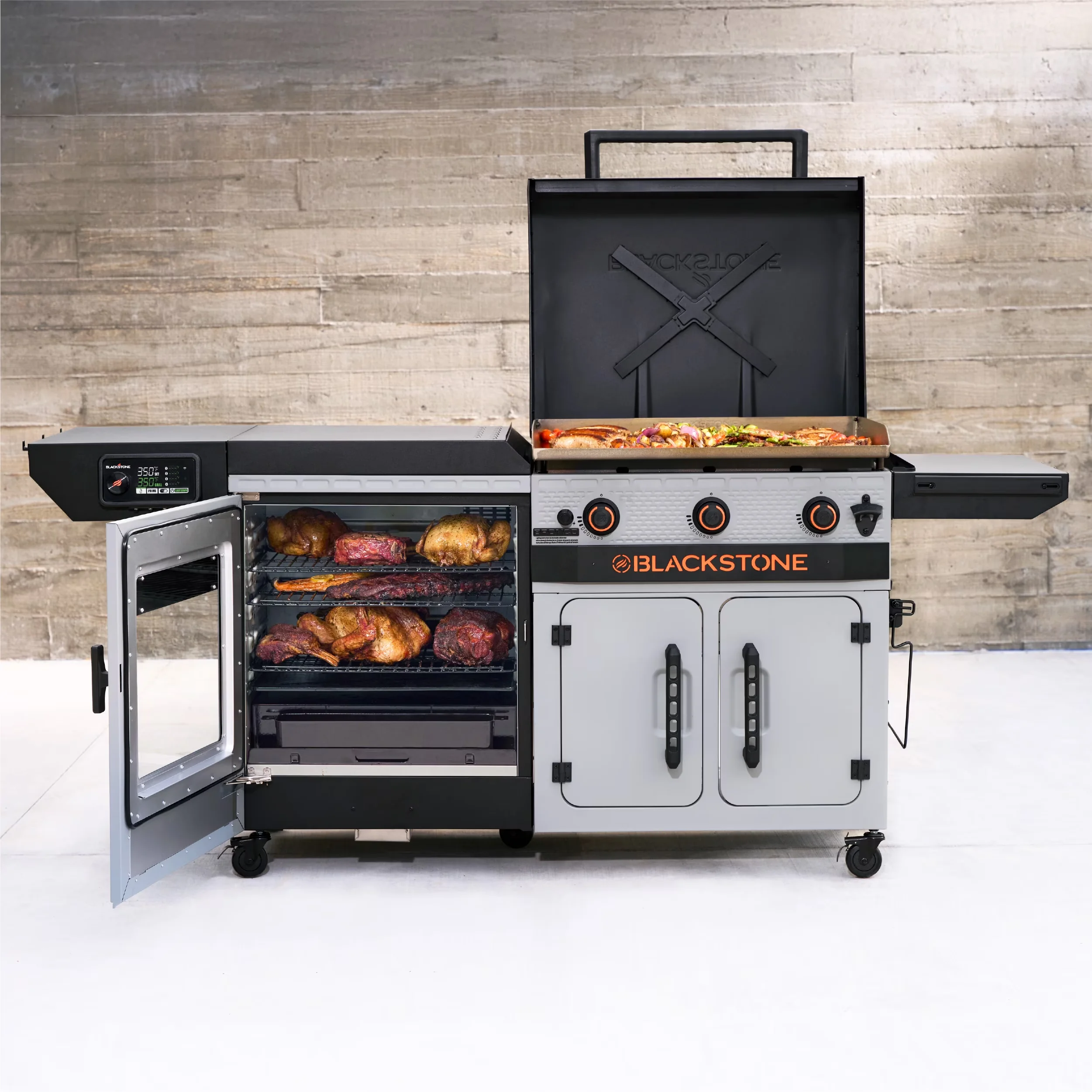 Flat Top Grill Reliable with Tool Holder, Grease Pan, Enclosed Cabinet - Steel Model E6CAA5