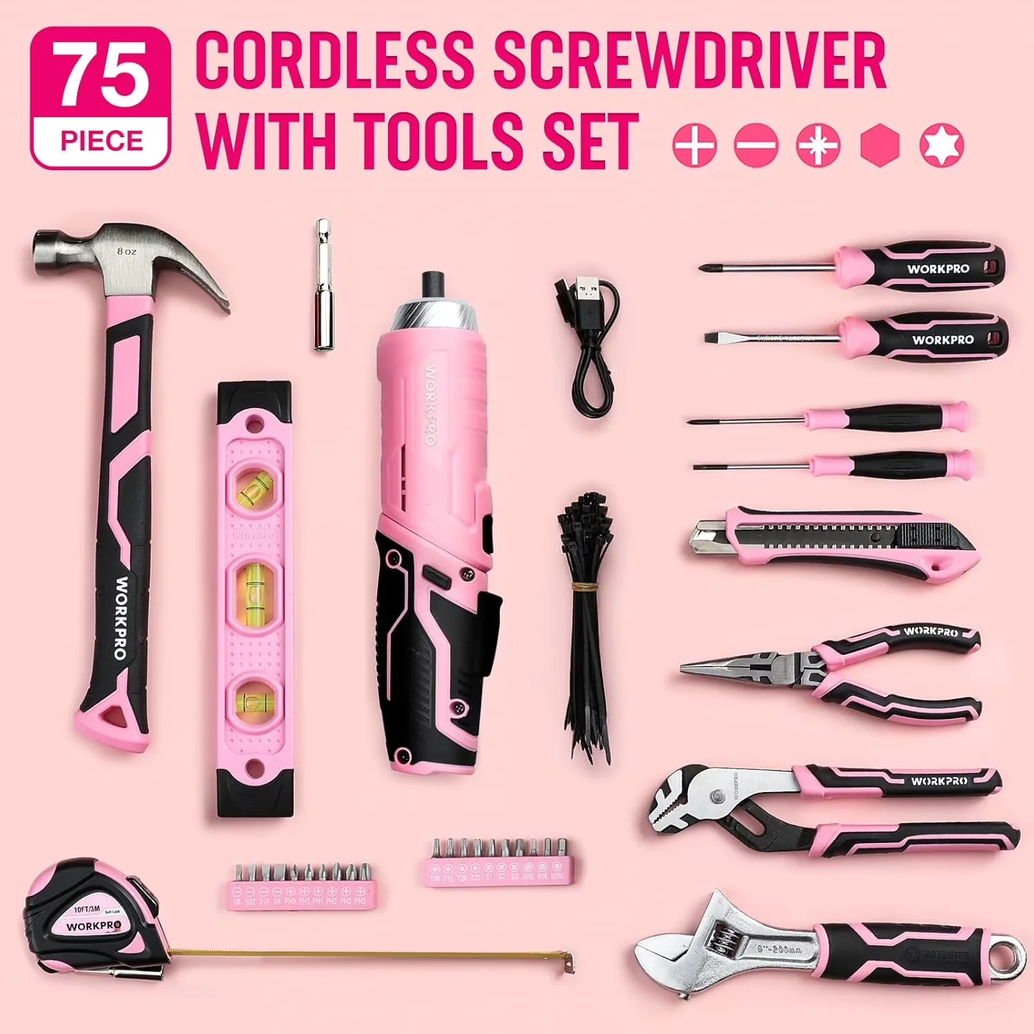 Modern Hand Tool Set with Anti-Rust, Lightweight, 75-Piece Pink - Pink Model 8B60F2