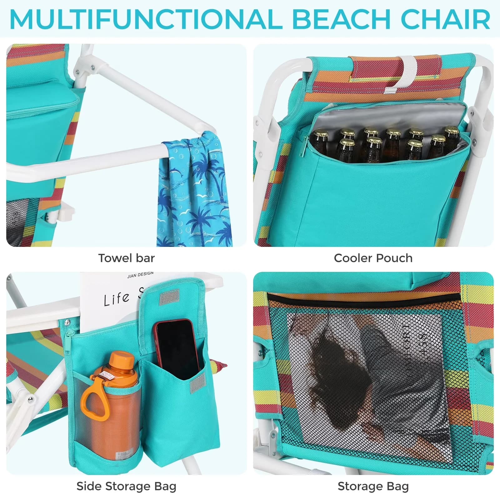 Efficient Beach Chair with Adjustable, Folding, Cooler Pouch - Yellow - Easy to Use Model C07C4D