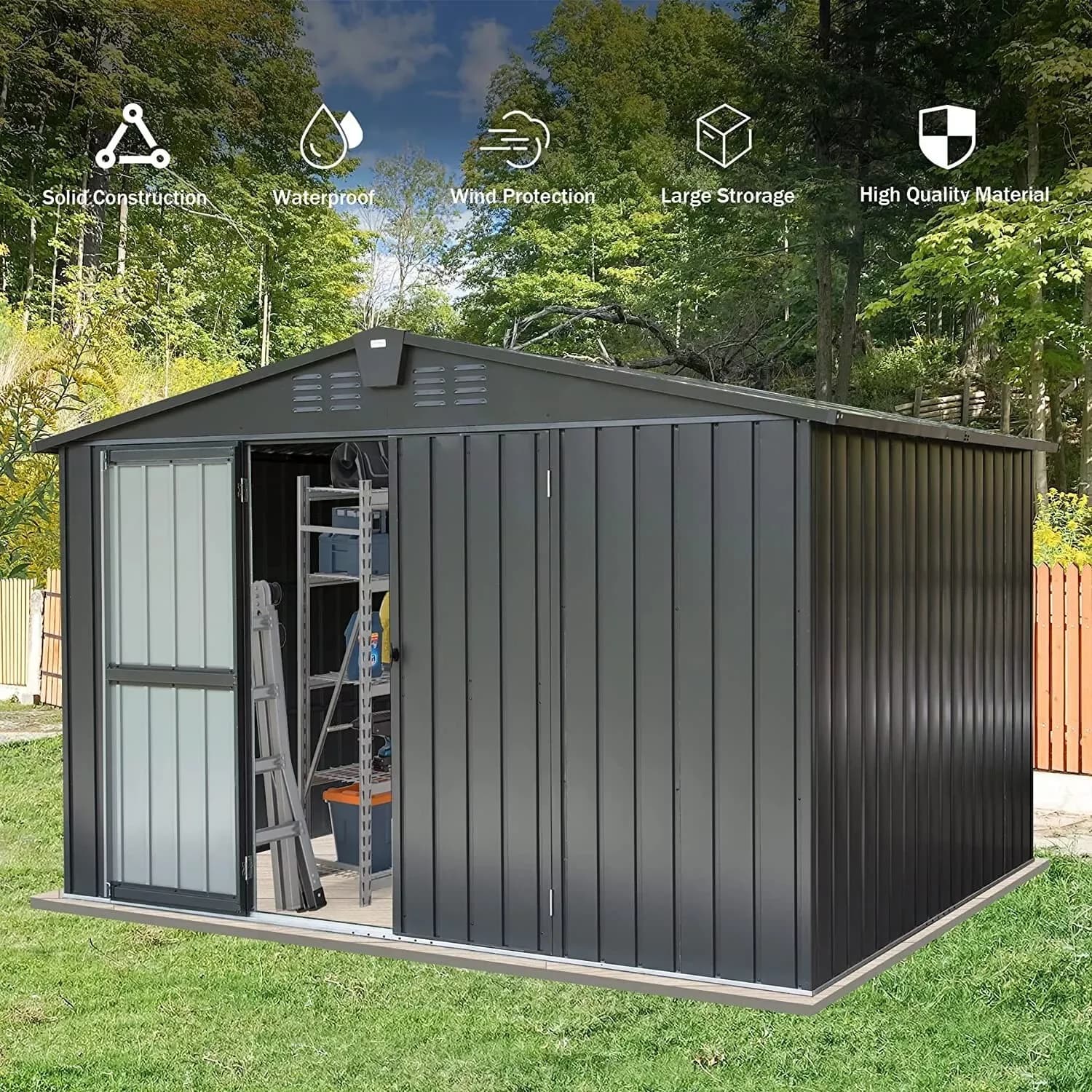 Innovative Shed with Metal Garden, Lockable Door - Metal,Alloy Steel Gray for Patio Model 7E4CFB