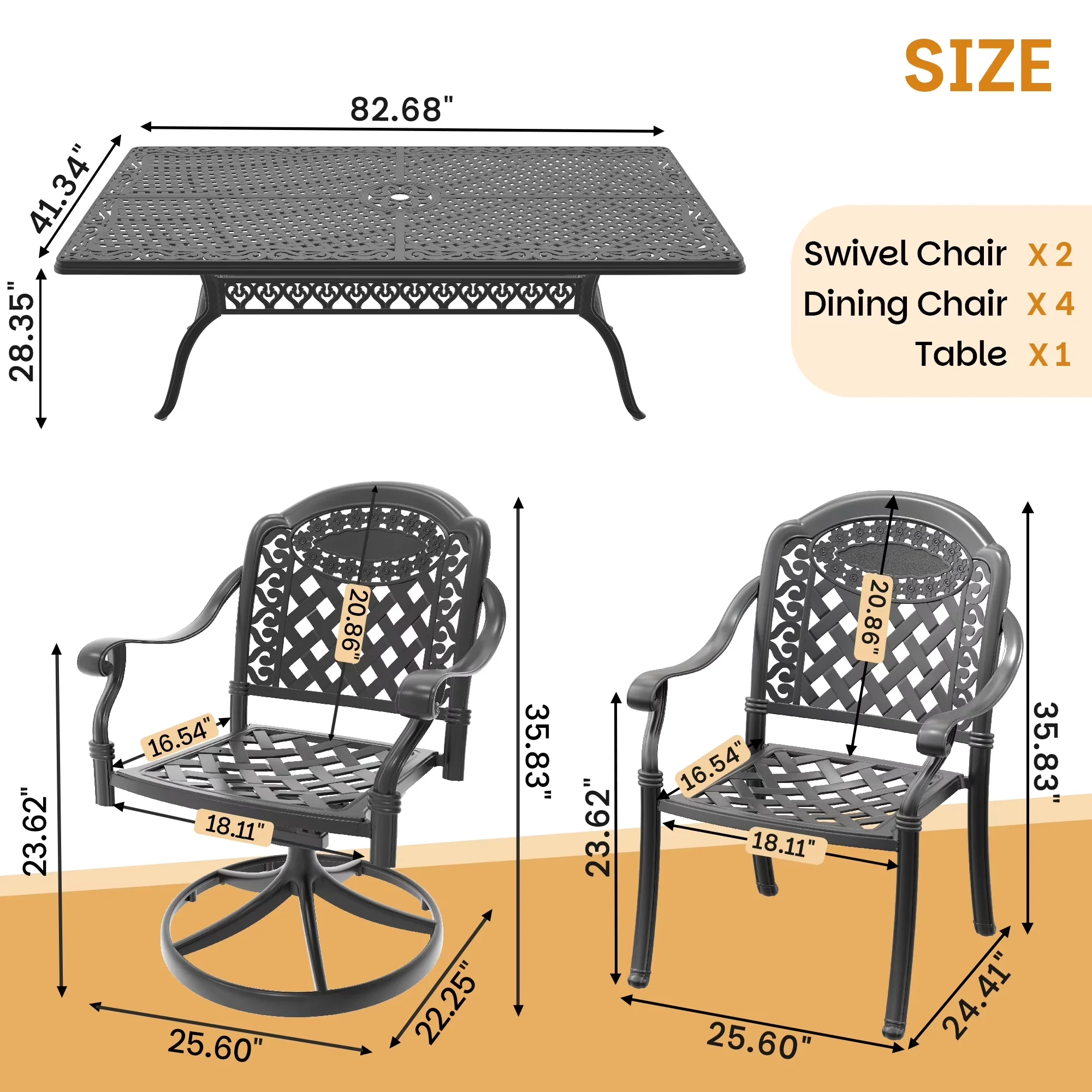 Patio Dining Set Innovative with Weatherproof, 6-Person Rectangular Cast Aluminum, 2 Swivel Chairs - Red Aluminium Model 3FA079