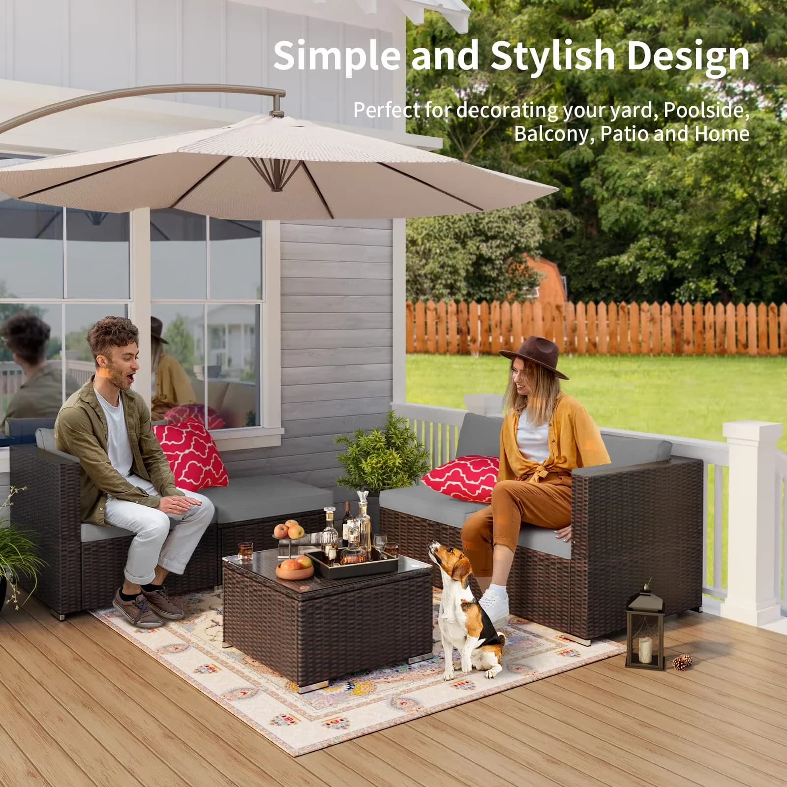 Patio Conversation Set Sleek with Reclining, 5 Pieces Outdoor - Rattan,Metal,Tempered Glass Model C23704