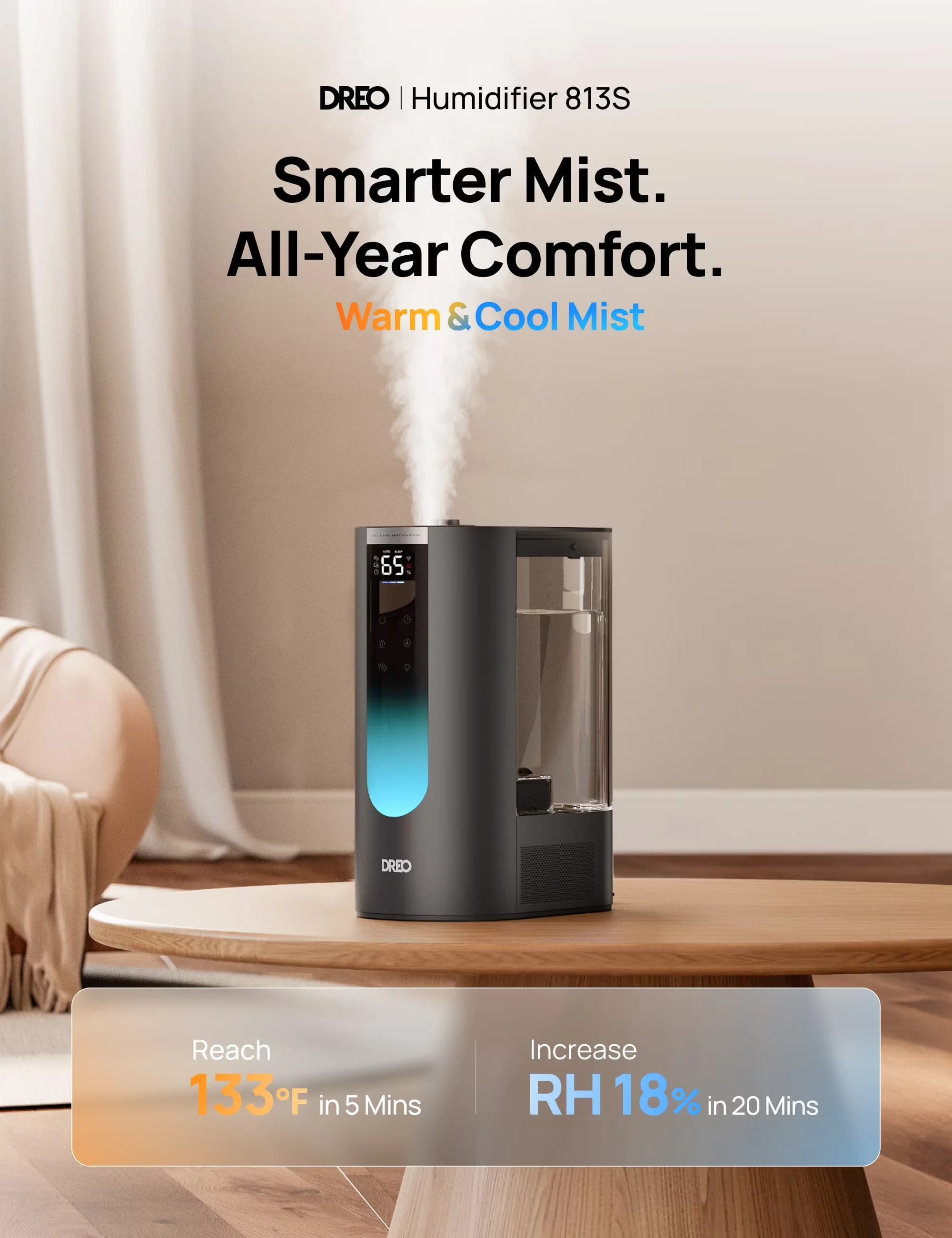 Sleek Humidifier with Automatic Moisture Control, Fast Warm Mist, 60-Hour Runtime - Black Model F4A871