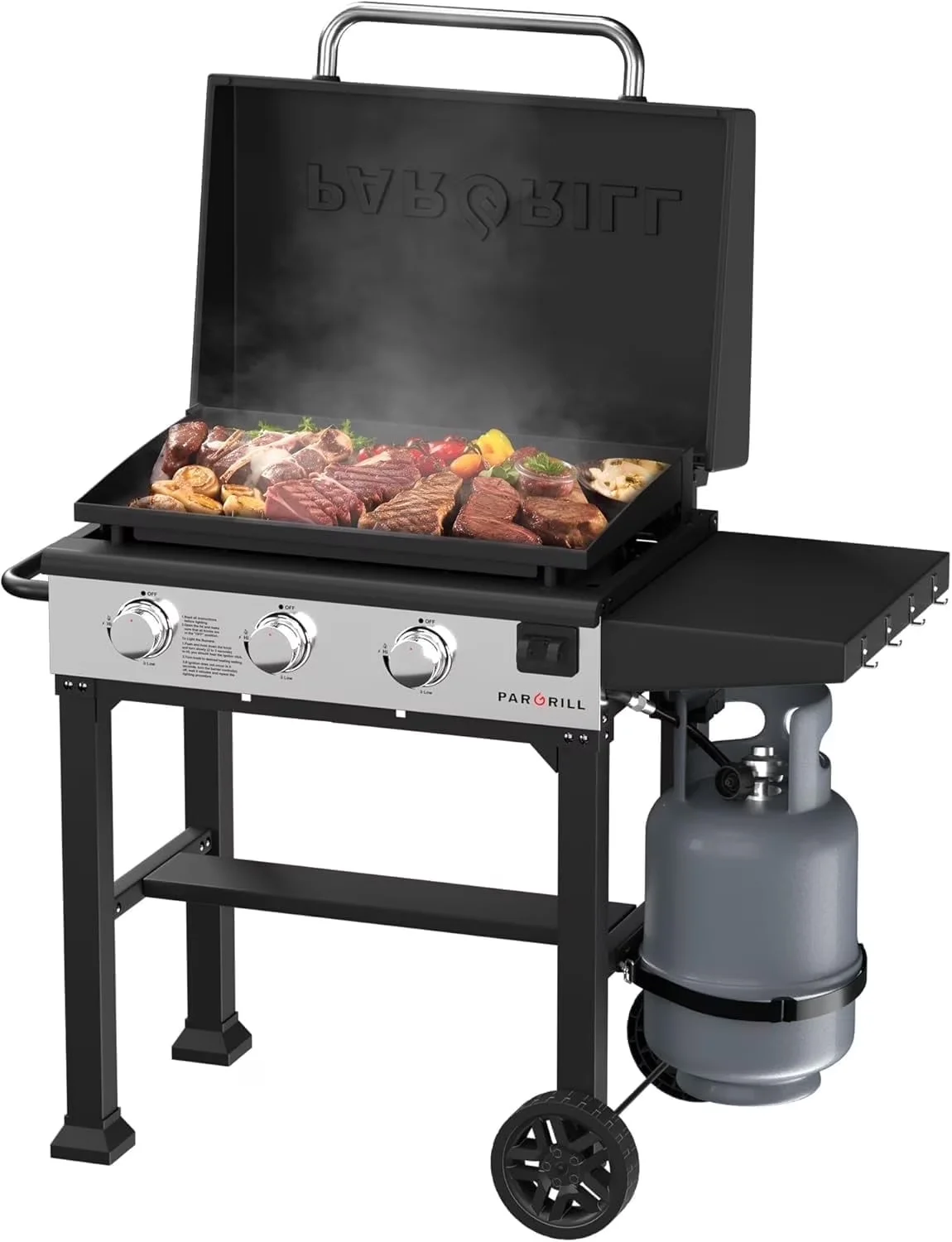 Versatile Flat Top Grill with Grease Pan, Tool Holder, Side Shelves - Stainless Steel Model 864BDD
