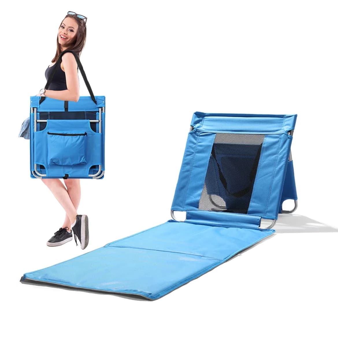 Durable Beach Chair with Folding, Cooler Pocket and Carry Strap - Blue Iron Tube, Oxford Fabric Model DAC438