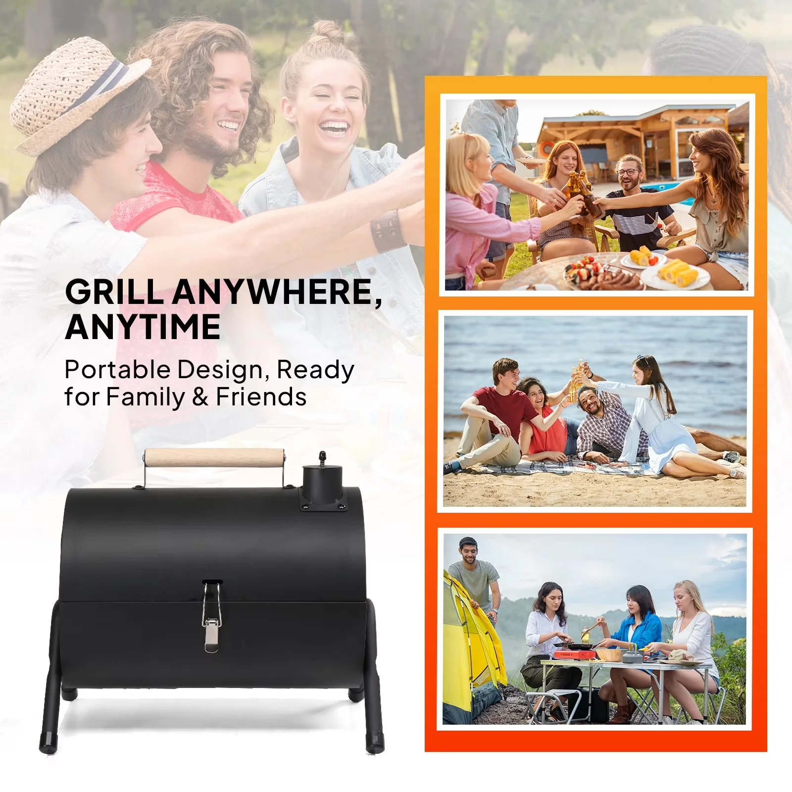 Charcoal Grill Professional with Foldable, Portable - Black Iron, Wood Handle, Oxford Cloth Carry Bag Model 978E86