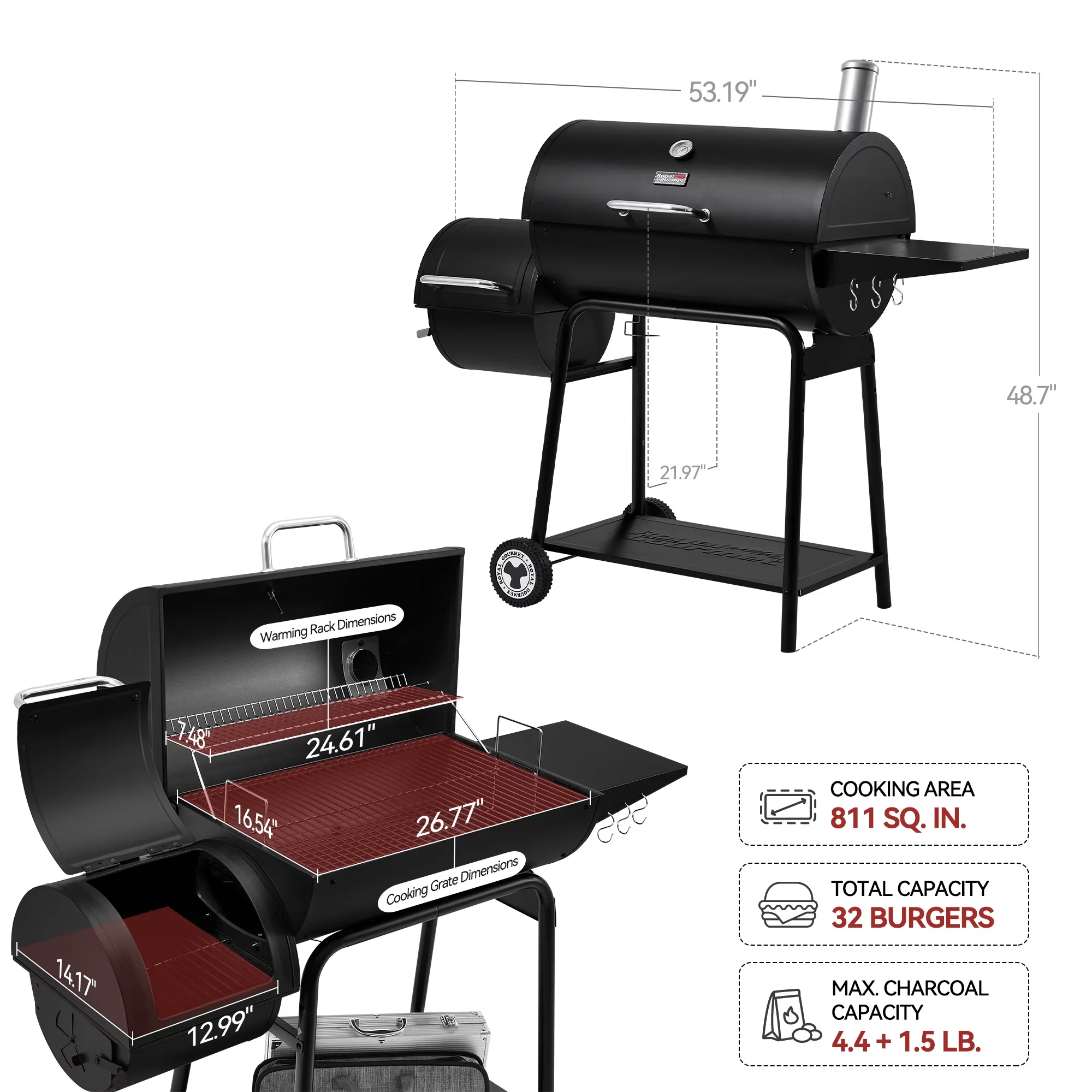 Smoker Sleek with Portable, Sturdy Side Shelf - Steel Black for Outdoor, Patio Model 6333A3