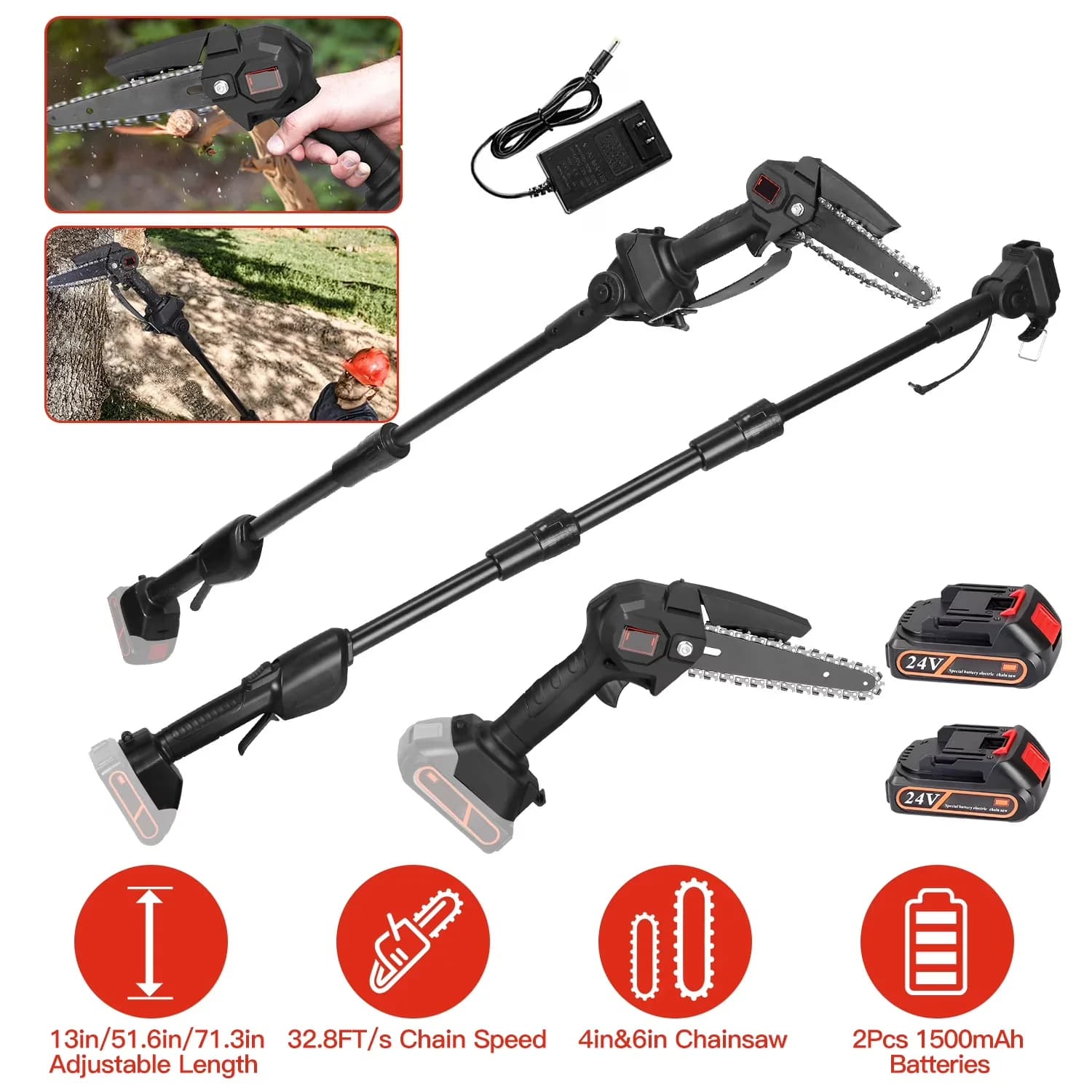 Classic Pole Saw with Battery, 5.9ft Max Reach, Cordless - Black - Modern Design Model 47EA2A