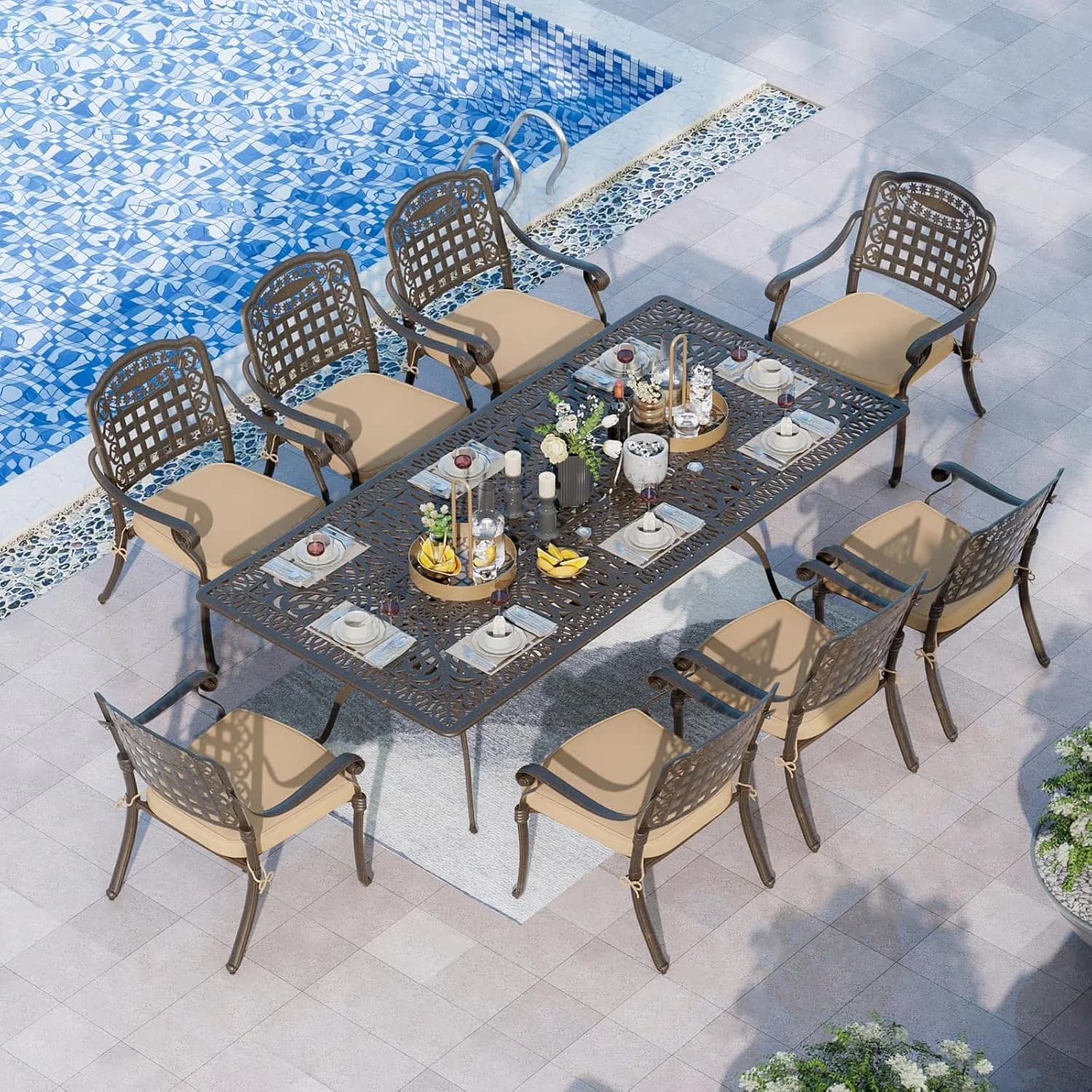 Classic Patio Dining Set with Contemporary, Khaki Cushions, Meterial:cast aluminum - Bronze Cast Aluminum Model 7408F4