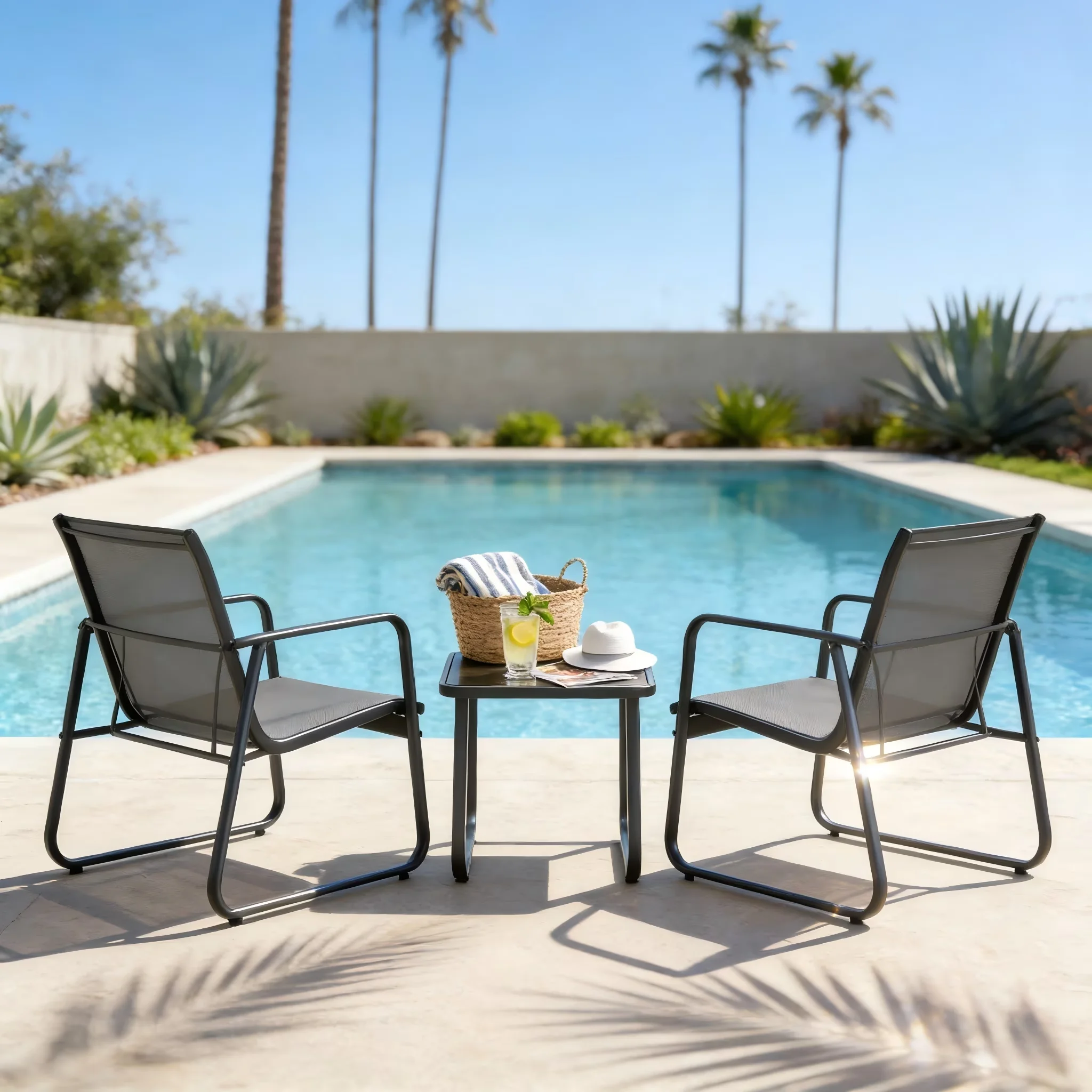 Premium Patio Dining Set with Uv Resistant, Waterproof - Black Textilene ,Wood, Metal for Patio, Garden Model DE5DE0