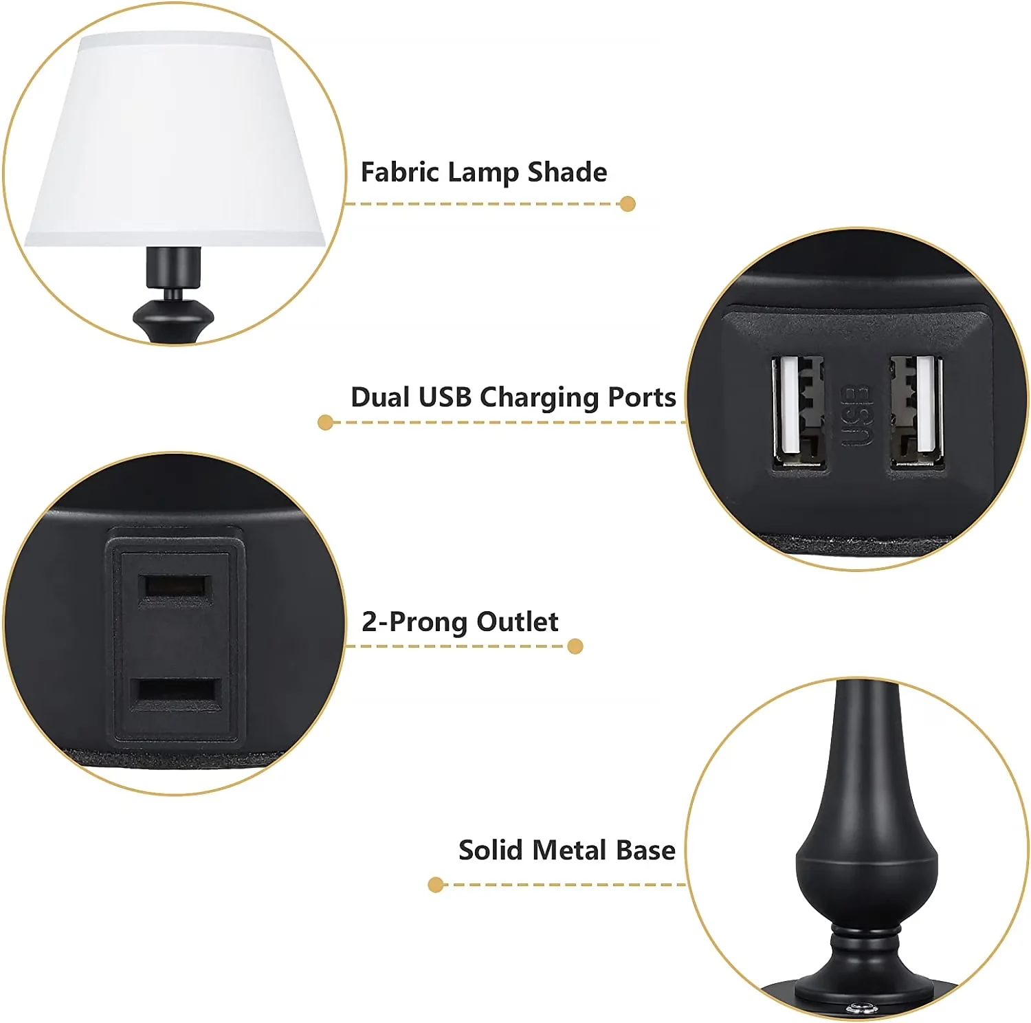 Compact Lamp with LED, Touch Sensor, 2 USB Charging Port - Metal Black Model 849CFF