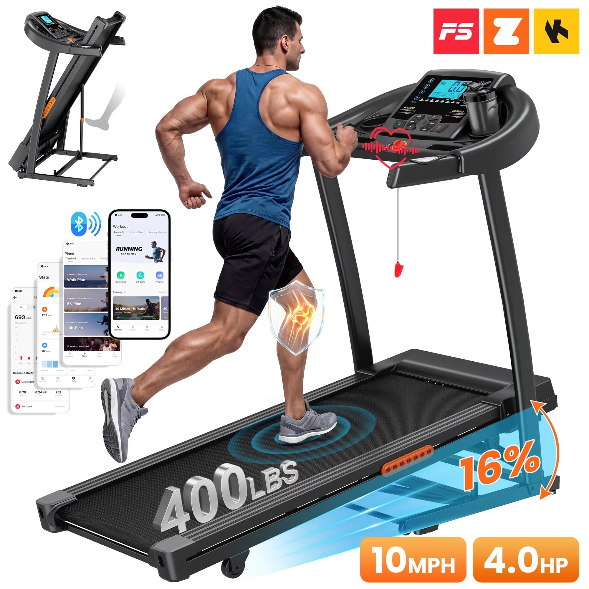 Premium Home Gym with Bluetooth Compatible, 16% Auto Incline Folding Treadmill, Running Area: 47.2"× 17" - Black Model D10D24