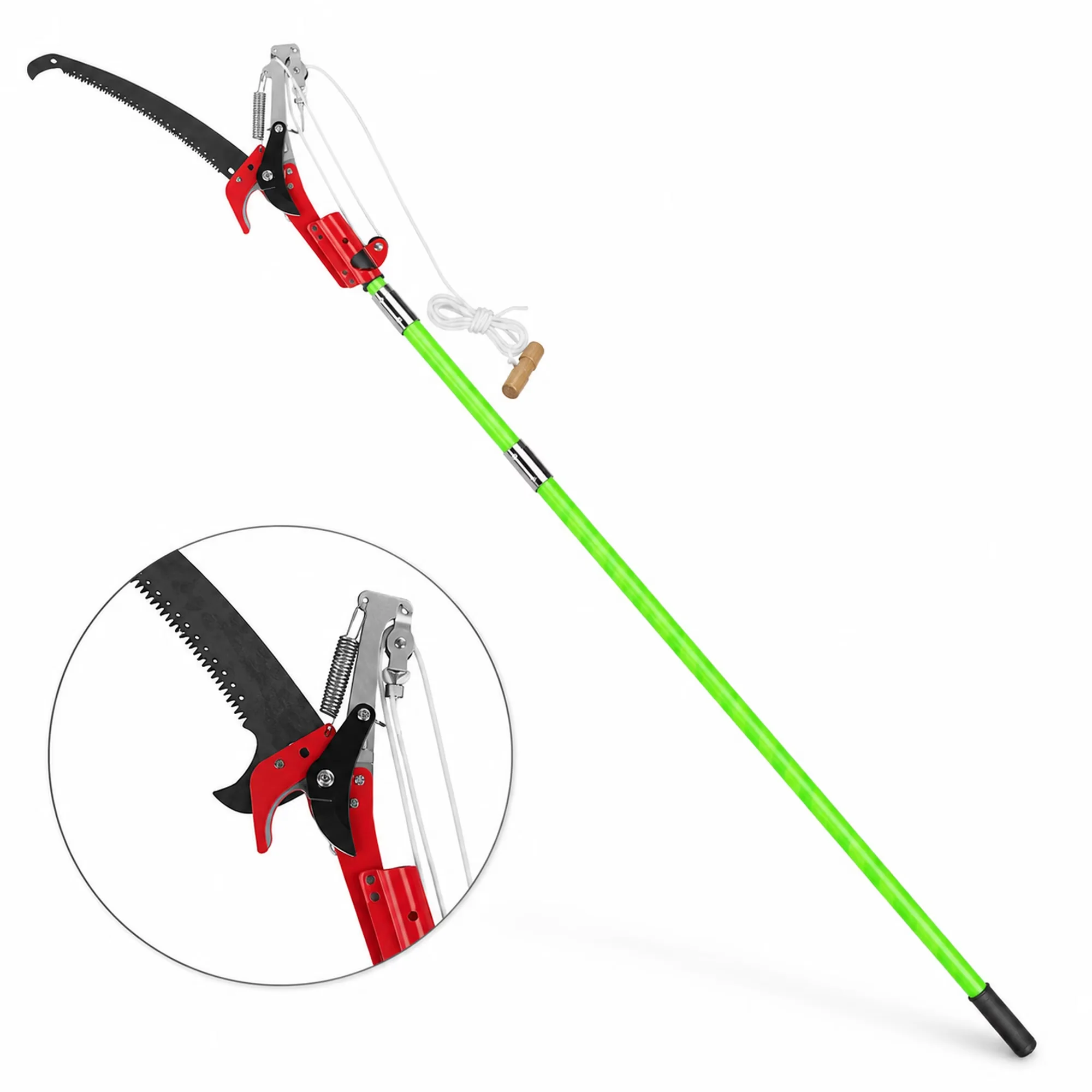 Efficient Pole Saw with Double-Hook Blades, 2-in-1 Extendable (8.2-15.1ft), Goggles & Gloves - Green Model A18111