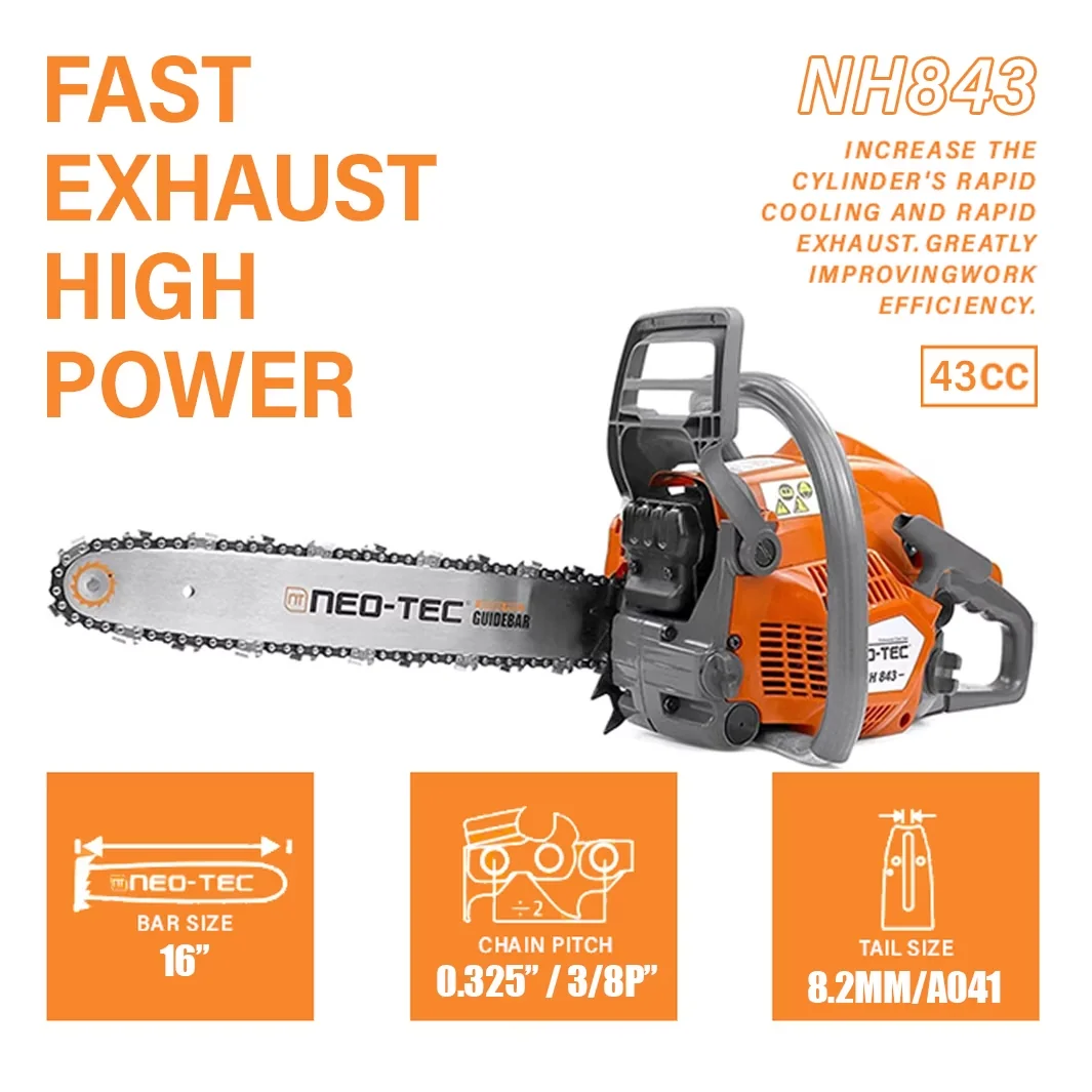 Stylish Chainsaw with 43cc 2-Cycle Gas Powered, 16" Guide Bar and Chain, Easy Start - Orange And Gray for Garden Model 6D0D78