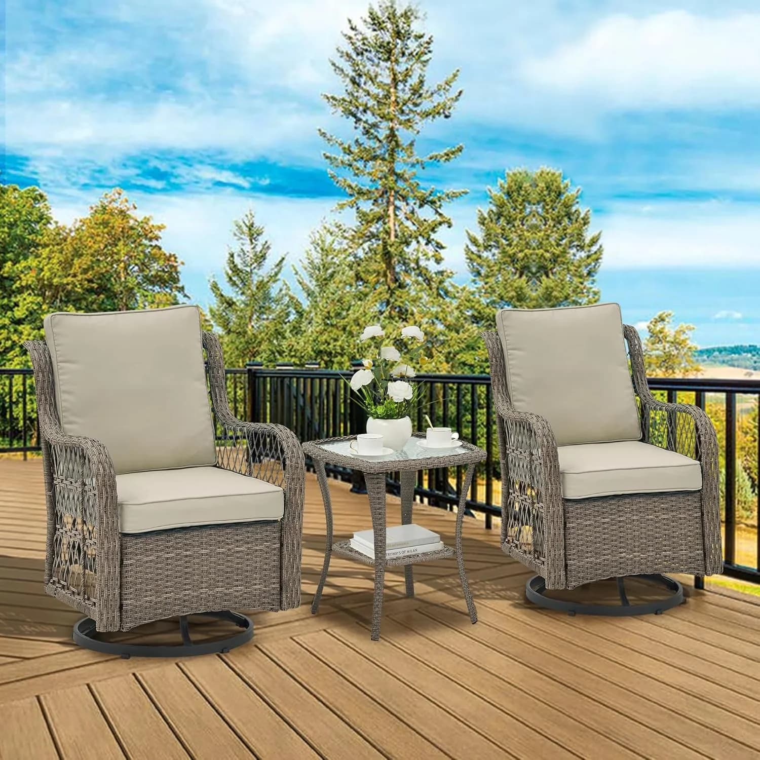 Classic Patio Chair with 2 Outdoor Glider Chairs, Rattan Side Table, 3-Piece Wicker Swivel Rocker Set - Gray Model 4F311D