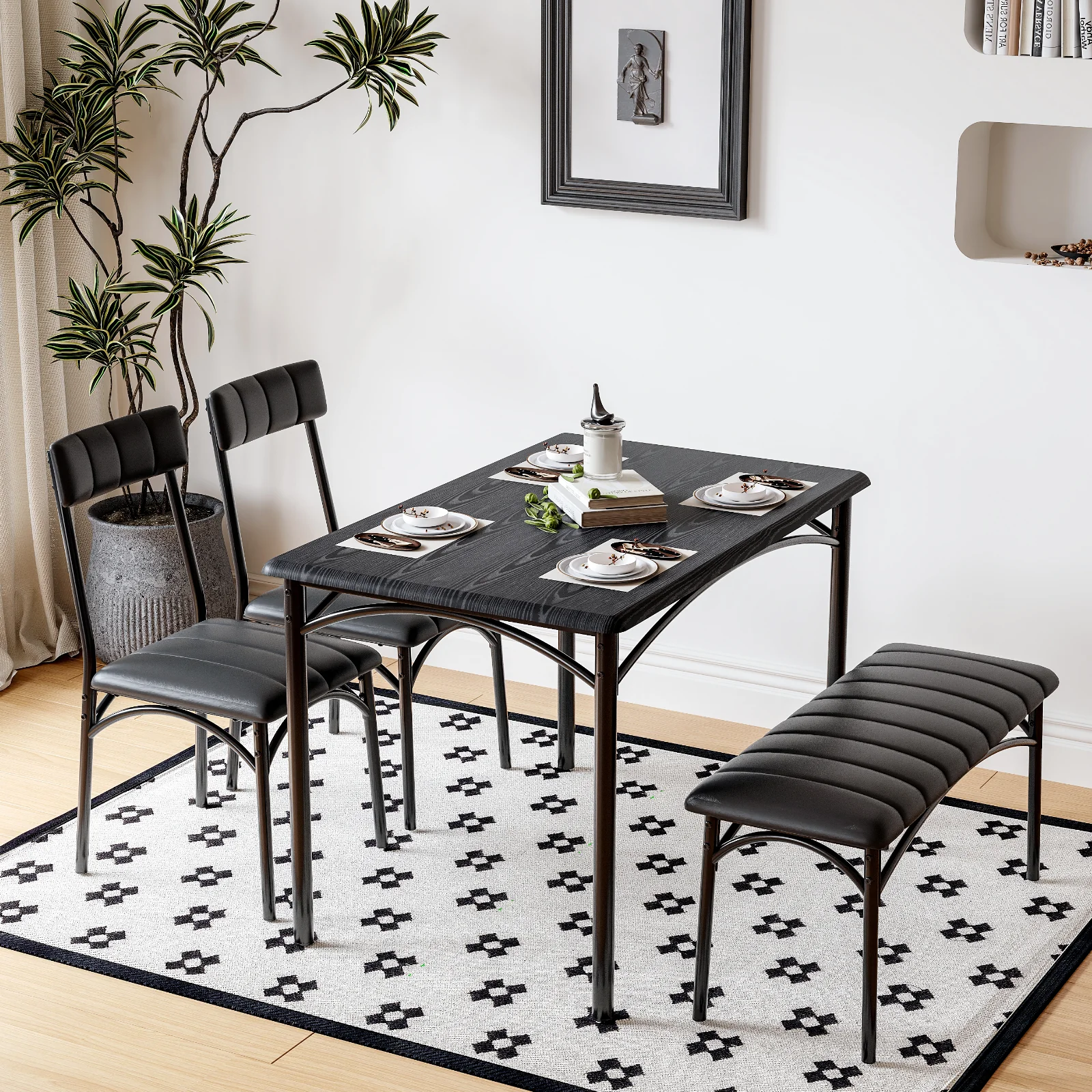 Stylish Patio Dining Set with Modern, 4-Person Table - Metal Black - Rustic Charm Model E542CE