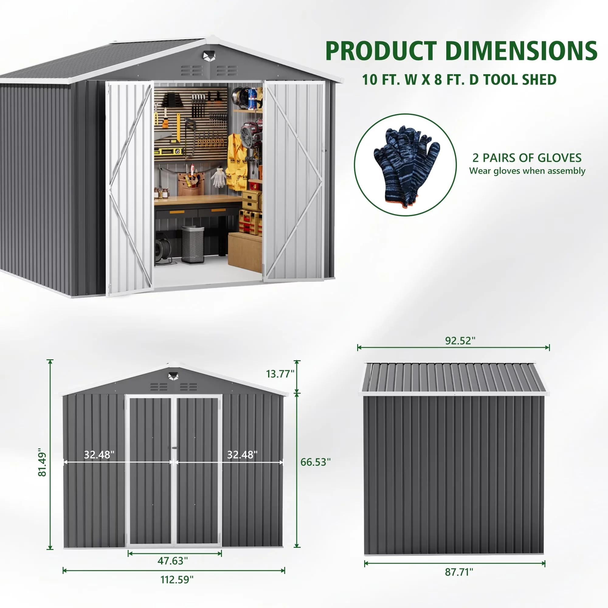 Versatile Shed with LED, Lockable Door, Led Light & Air Vents - Metal Black Model F109A2