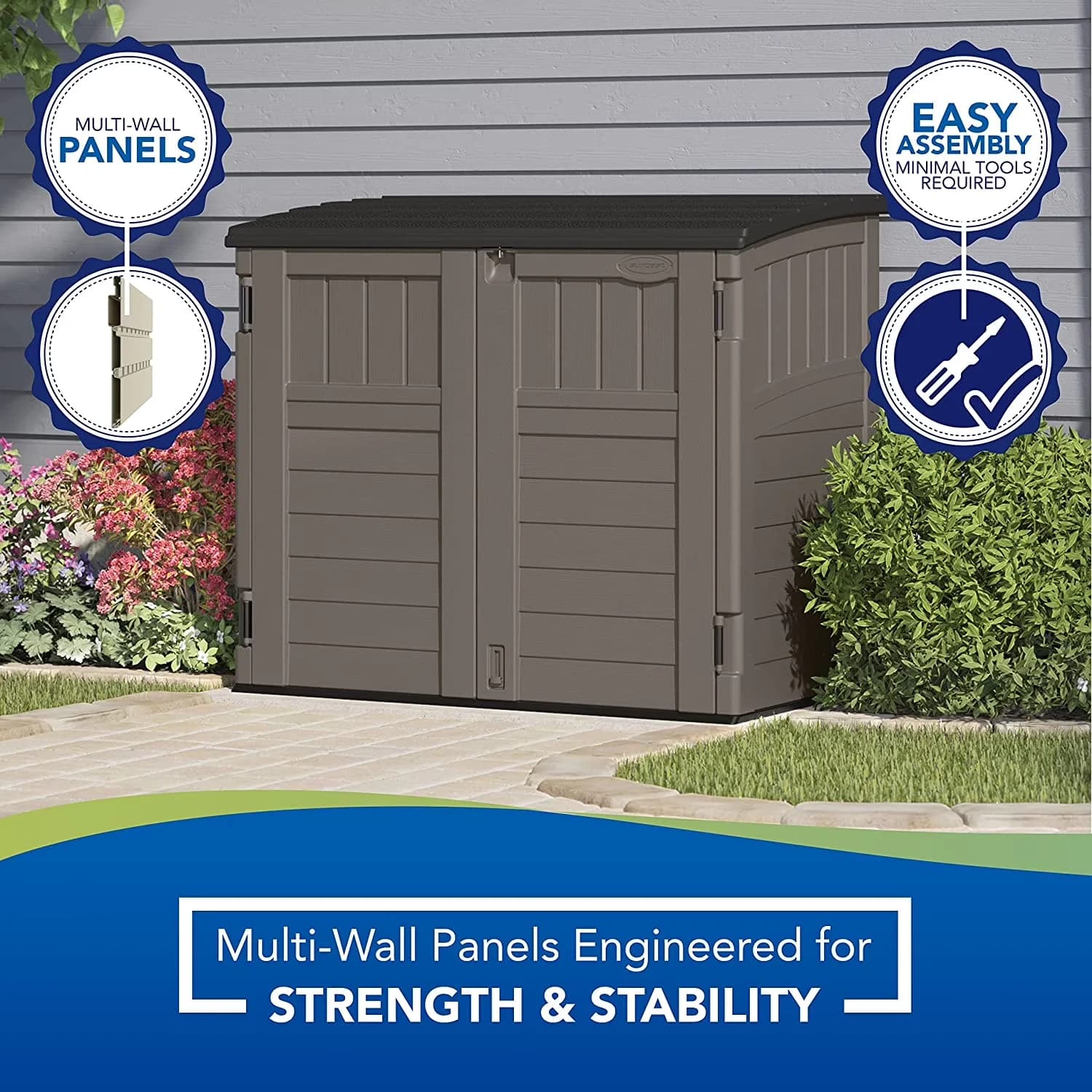 Efficient Shed with Uv Resistant, 3 Doors, Modernist Horizontal Low-Profile Storage - Resin Gray Model 16F9EC
