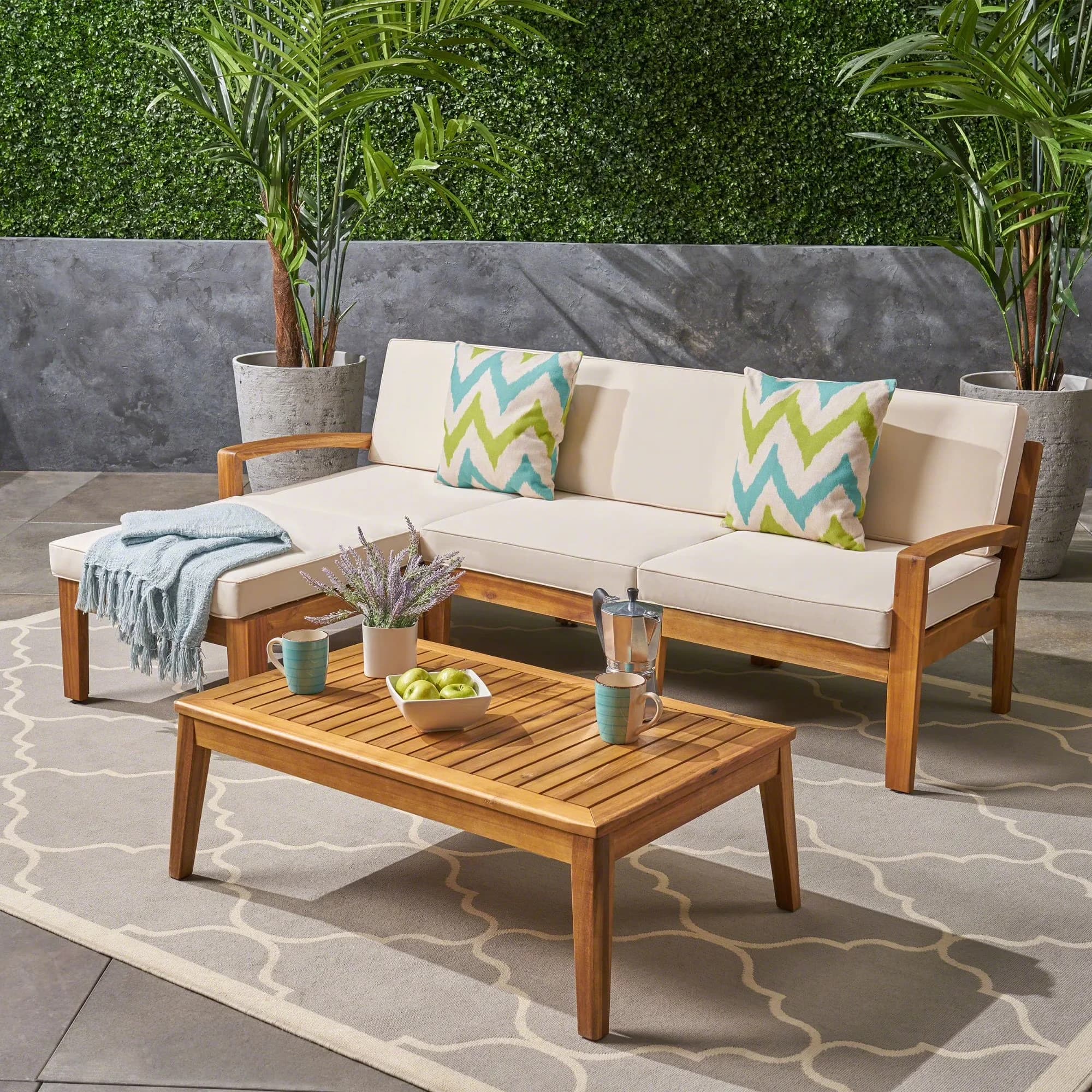 Premium Outdoor Sofas Sectional with Traditional, Water-Resistant - Acacia Wood + Water Resistant Fabric Beige Model 026708
