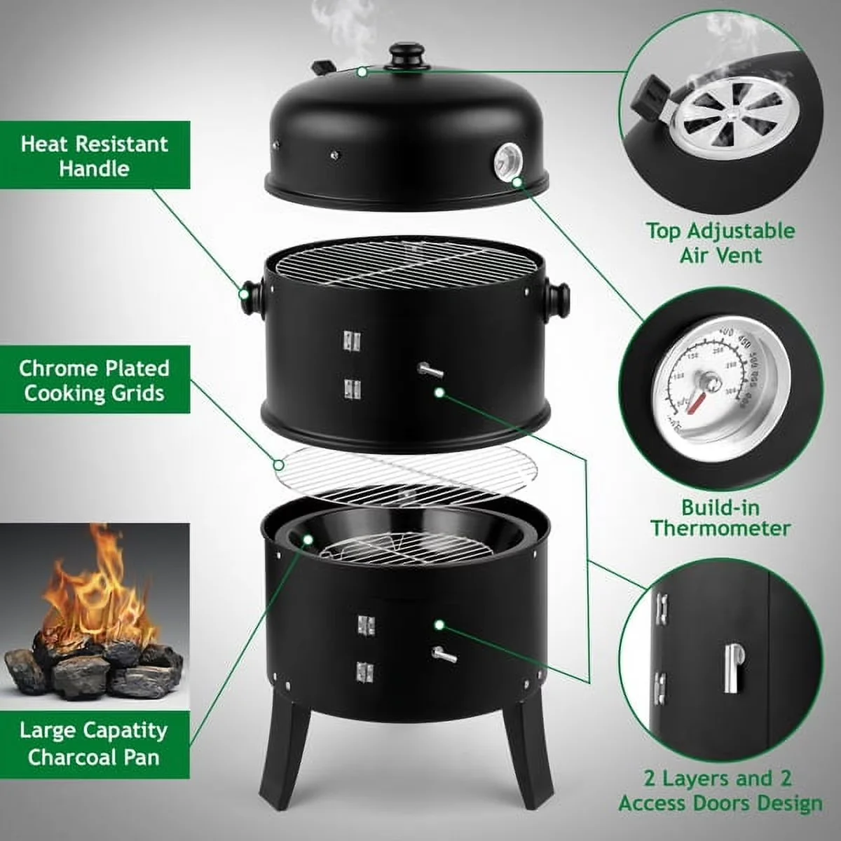 Charcoal Grill Versatile with Adjustable Air Vents, 31 in Iron Barrel BBQ, Adjustable Air Vent - Iron Model 411B35