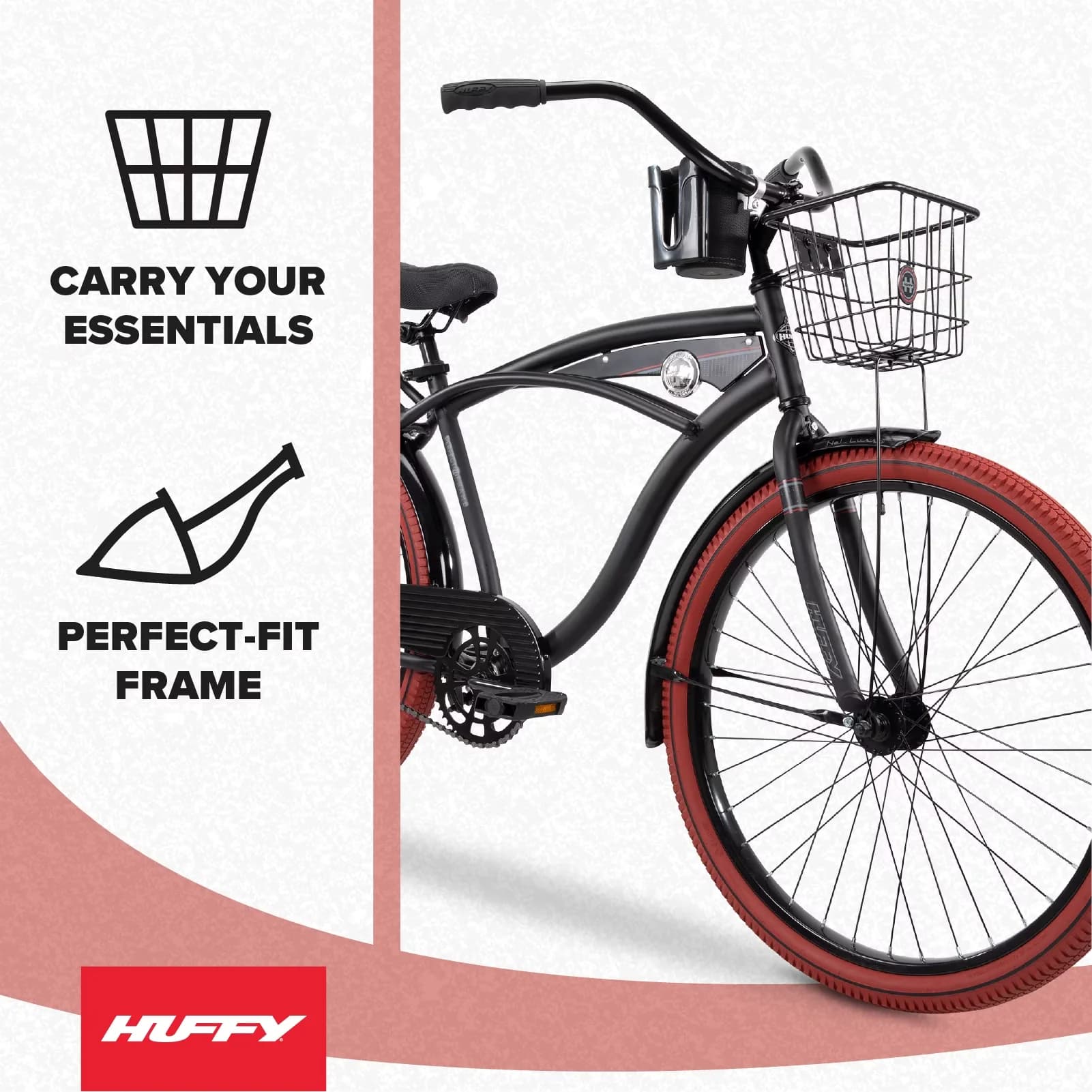 Essential Cruiser Bike with Adjustable Seat, Fits Riders 60"+, 26" Nel Lusso - Black Model 5BA0E1