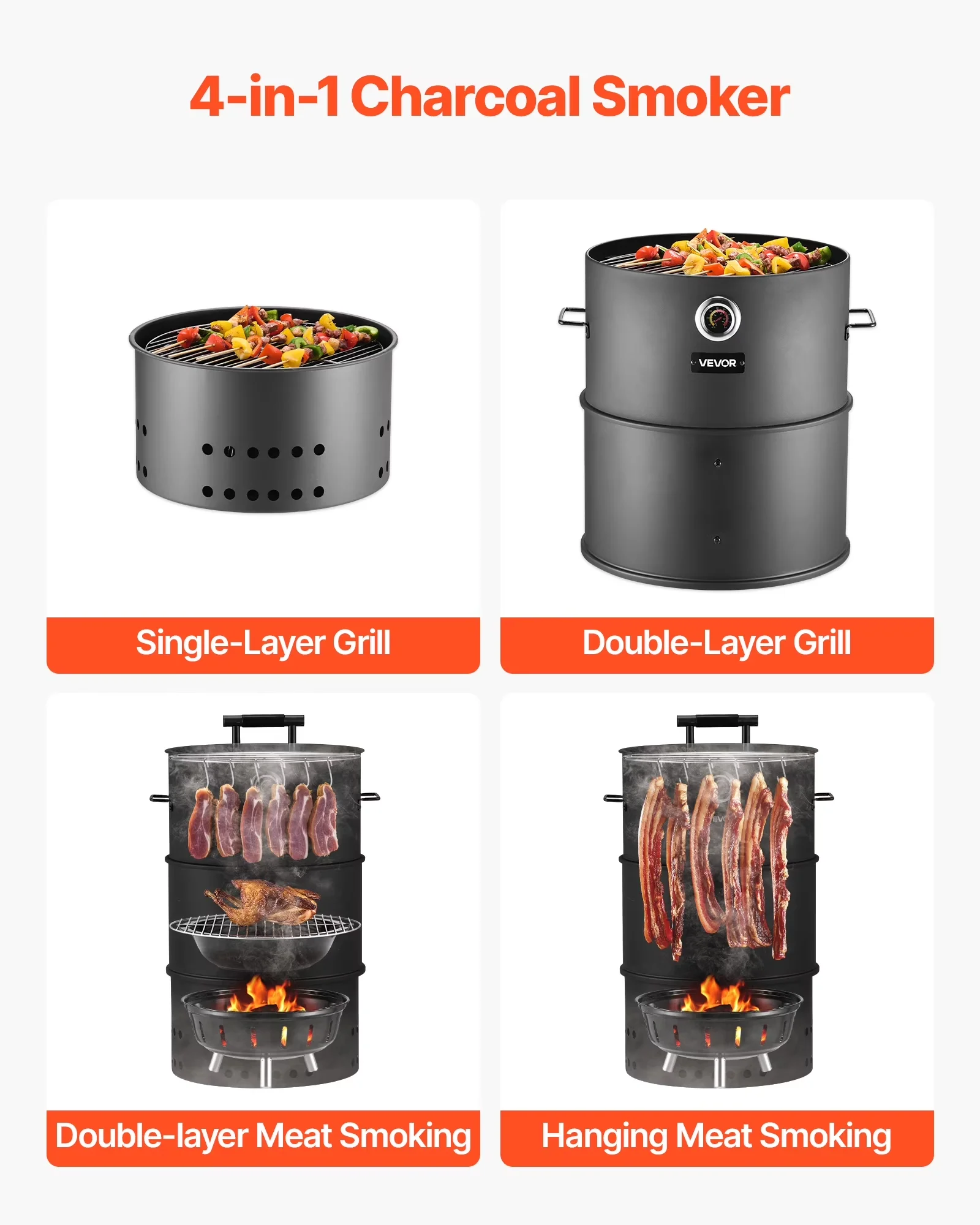Reliable Smoker with 18.5" Barrel Charcoal BBQ, Charcoal Grill - Stainless Steel for Party, Patio Model 2DDA0E
