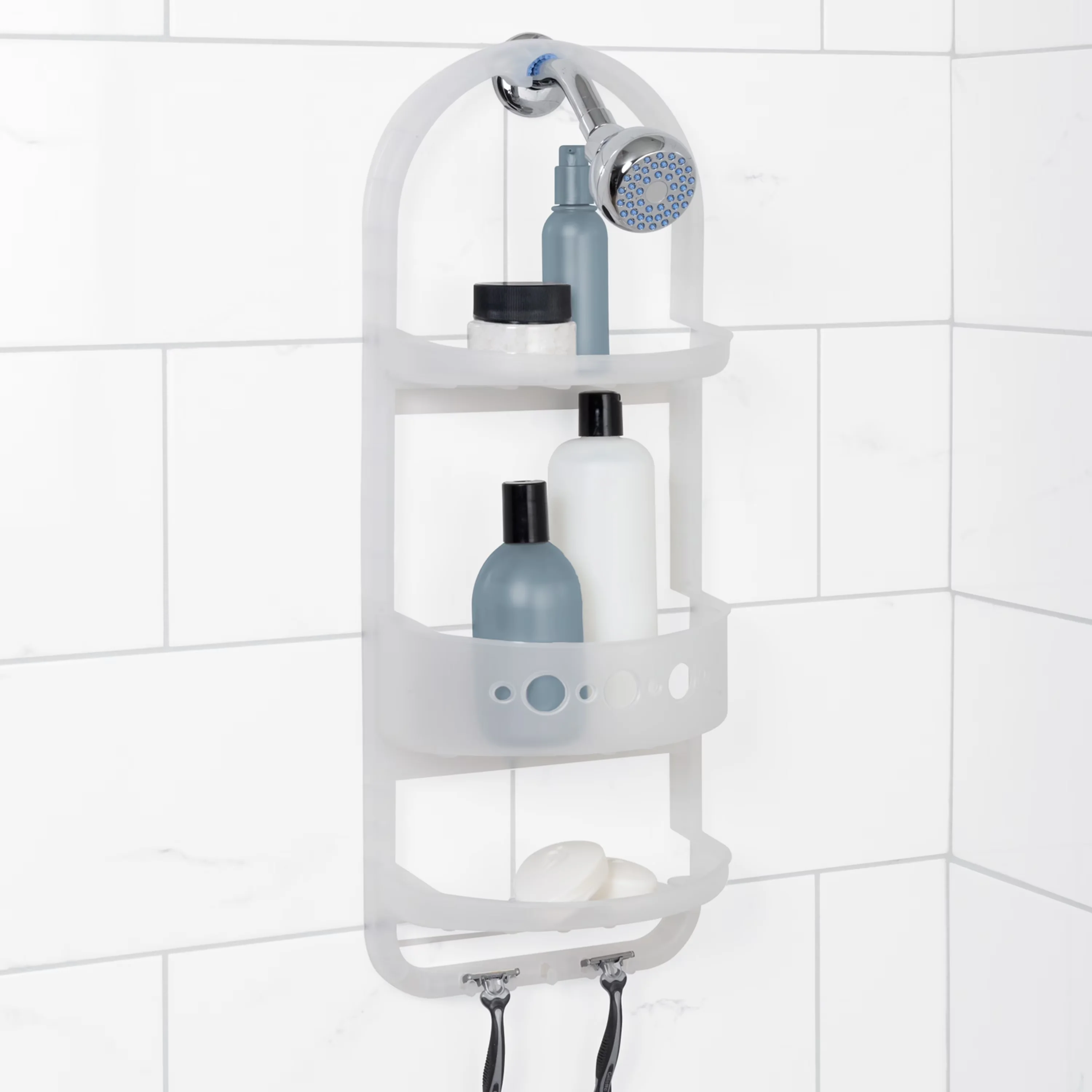 Bathroom Renovation Compact with Rust Resistant, Large Over the Shower Caddy, Easy to install over most showerheads - White Plastic Model 83FD3F