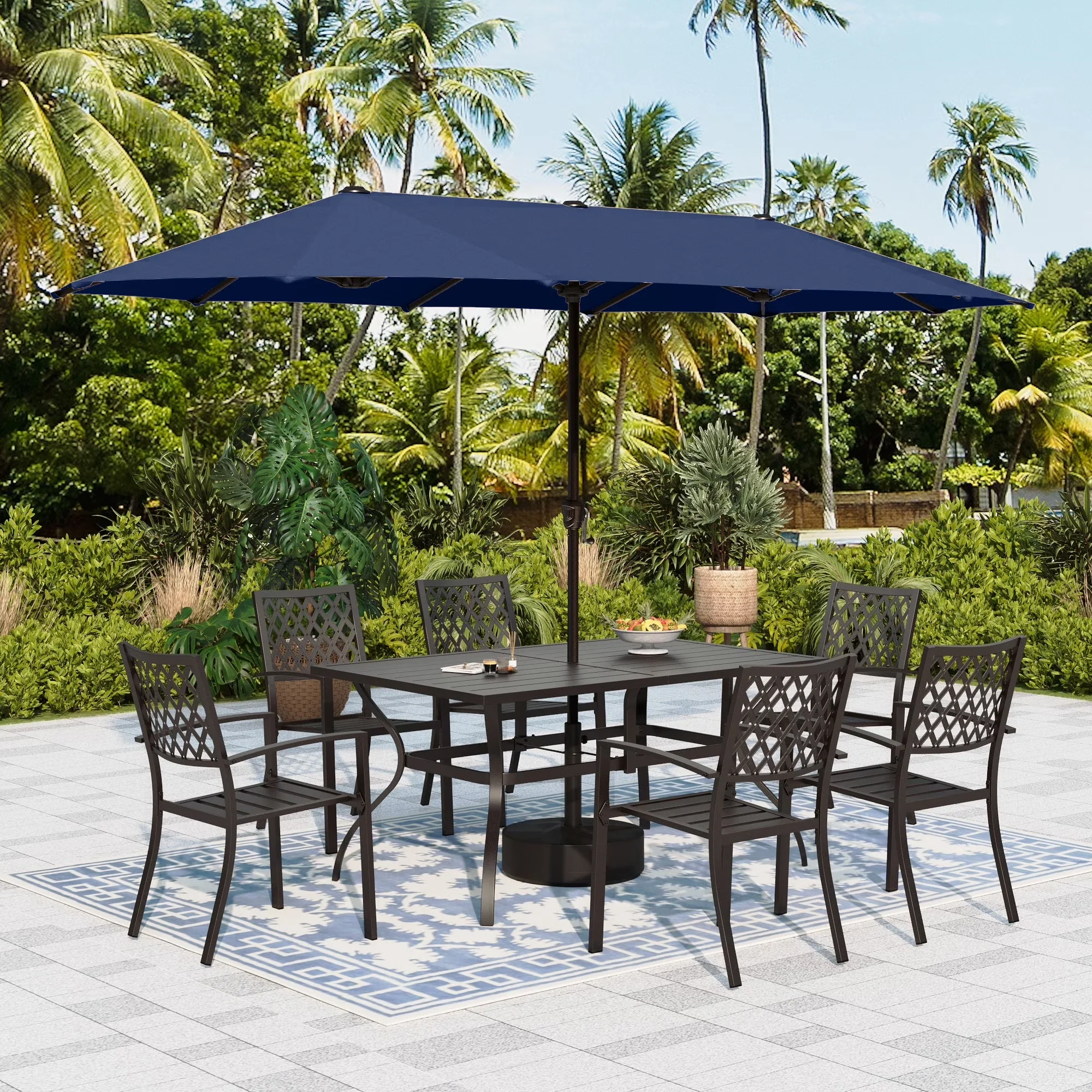 Classic Patio Dining Set with Weatherproof, Metal Chairs & Rectangle Table - Blue Metal Model 27D742