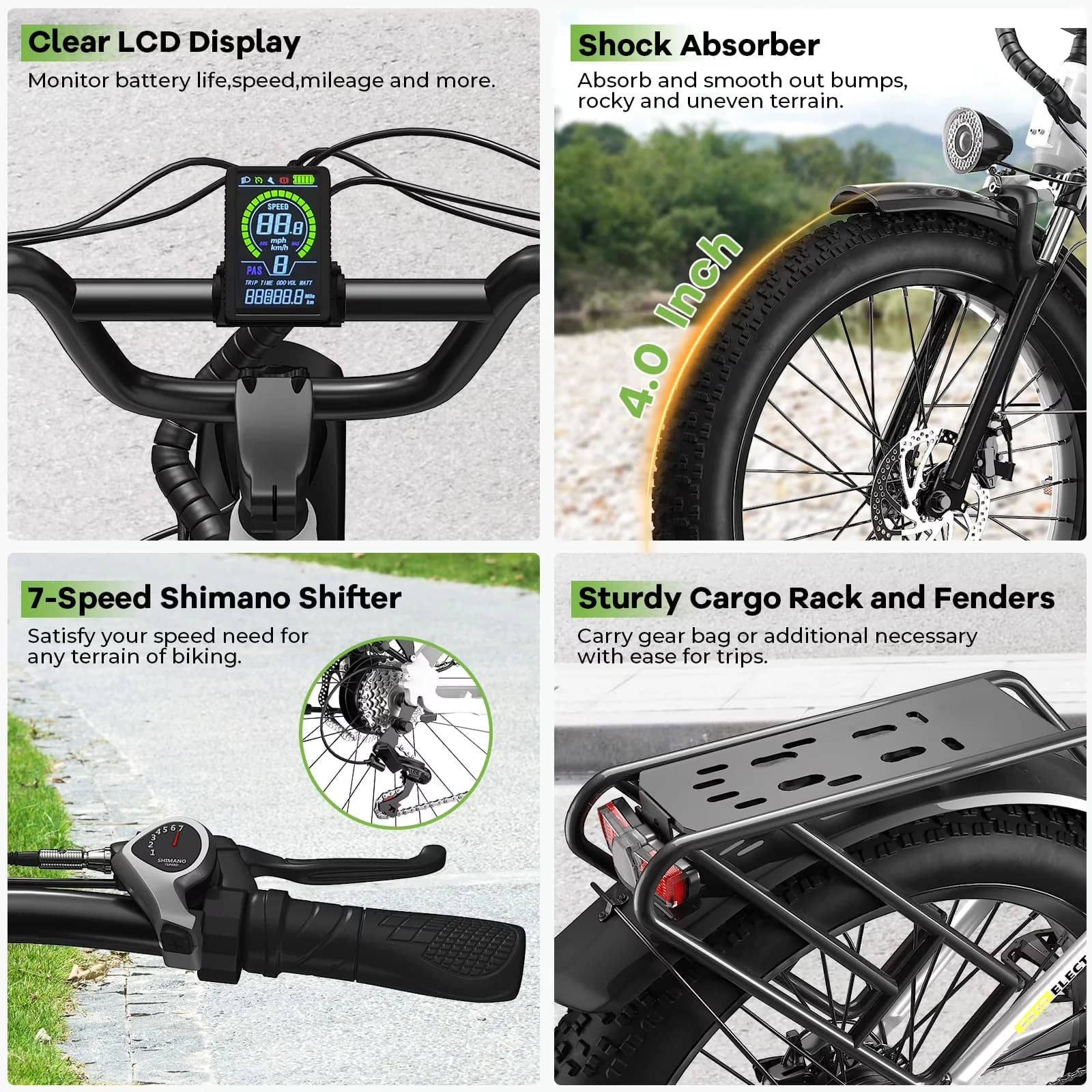 Electric Bike Durable with Battery, 1000W, Adjustable Height - White for Everyday Use Model 5F7638